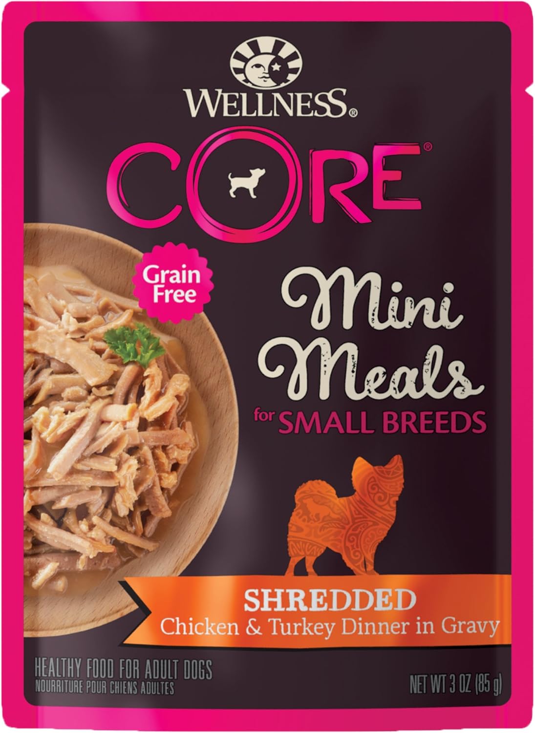 Comida húmeda para perros Wellness CORE, sin cereales, sin cereales, para razas pequeñas, pollo desmenuzado, pavo, cena en salsa, bolsa de 3 onzas (paquete de 12)