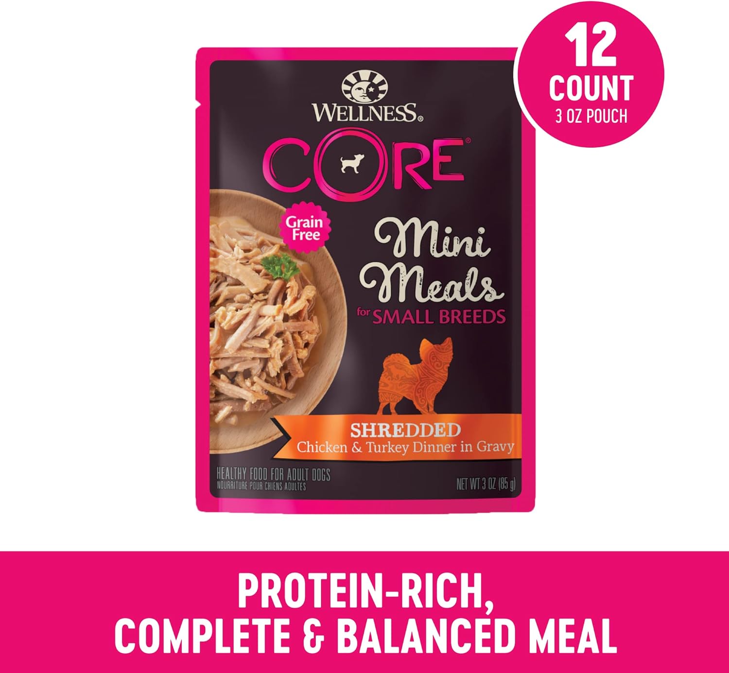 Thức ăn ướt cho chó giống nhỏ Wellness CORE Natural Grain Free Mini Meals, gà xé nhỏ, gà tây, sốt thịt, túi 3 ounce (gói 12 chiếc)