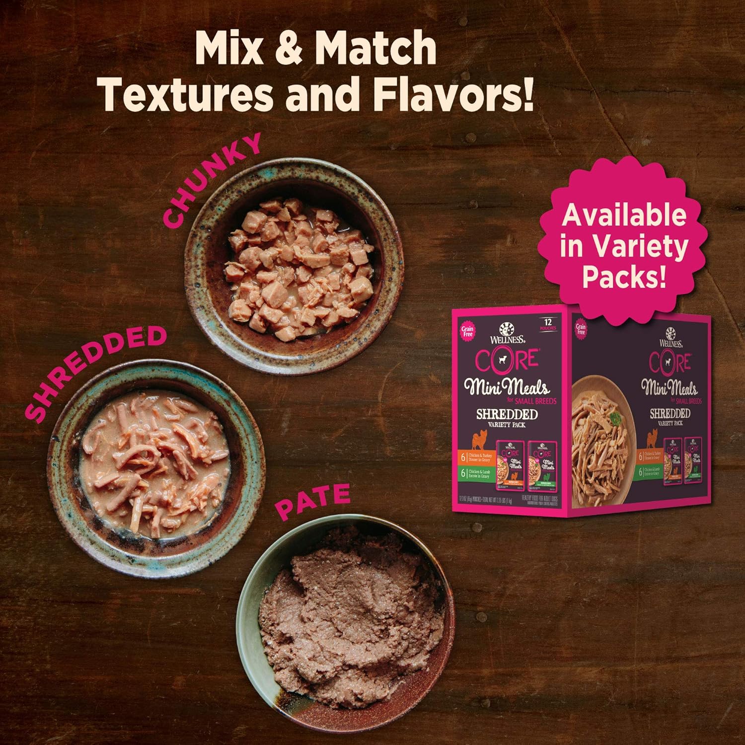Thức ăn ướt cho chó giống nhỏ Wellness CORE Natural Grain Free Mini Meals, gà xé nhỏ, gà tây, sốt thịt, túi 3 ounce (gói 12 chiếc)