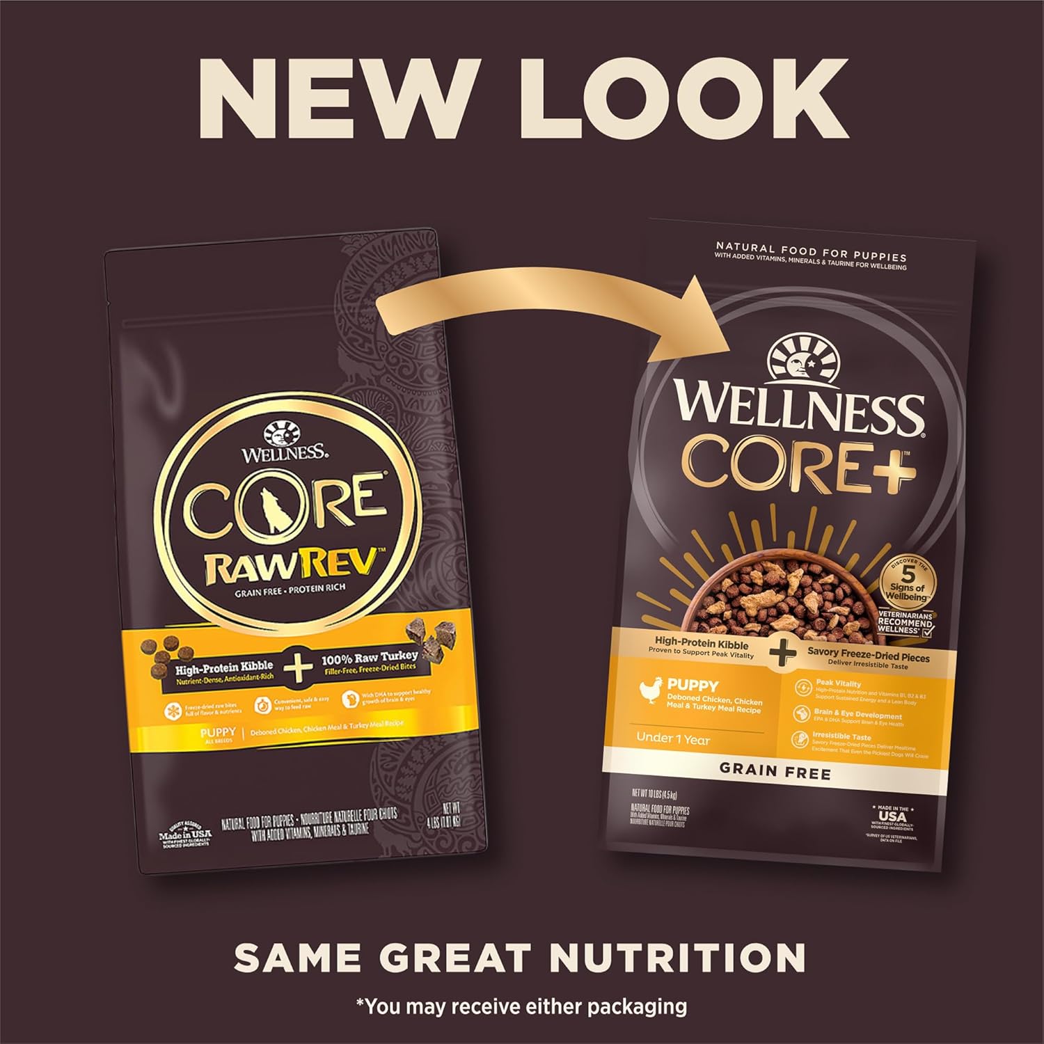 Wellness CORE (ehemals RawRev), getreidefreies, natürliches Trockenfutter für Welpen, entbeintes Hühnchen, Truthahn mit gefriergetrocknetem Truthahnrezept, 10-Pfund-Beutel