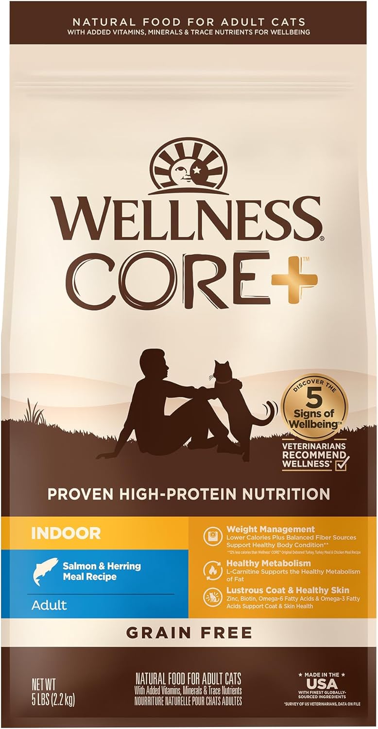 Alimento seco Wellness CORE natural sin cereales, rico en proteínas para gatos adultos, harina de salmón y arenque, receta de interior, bolsa de 5 libras