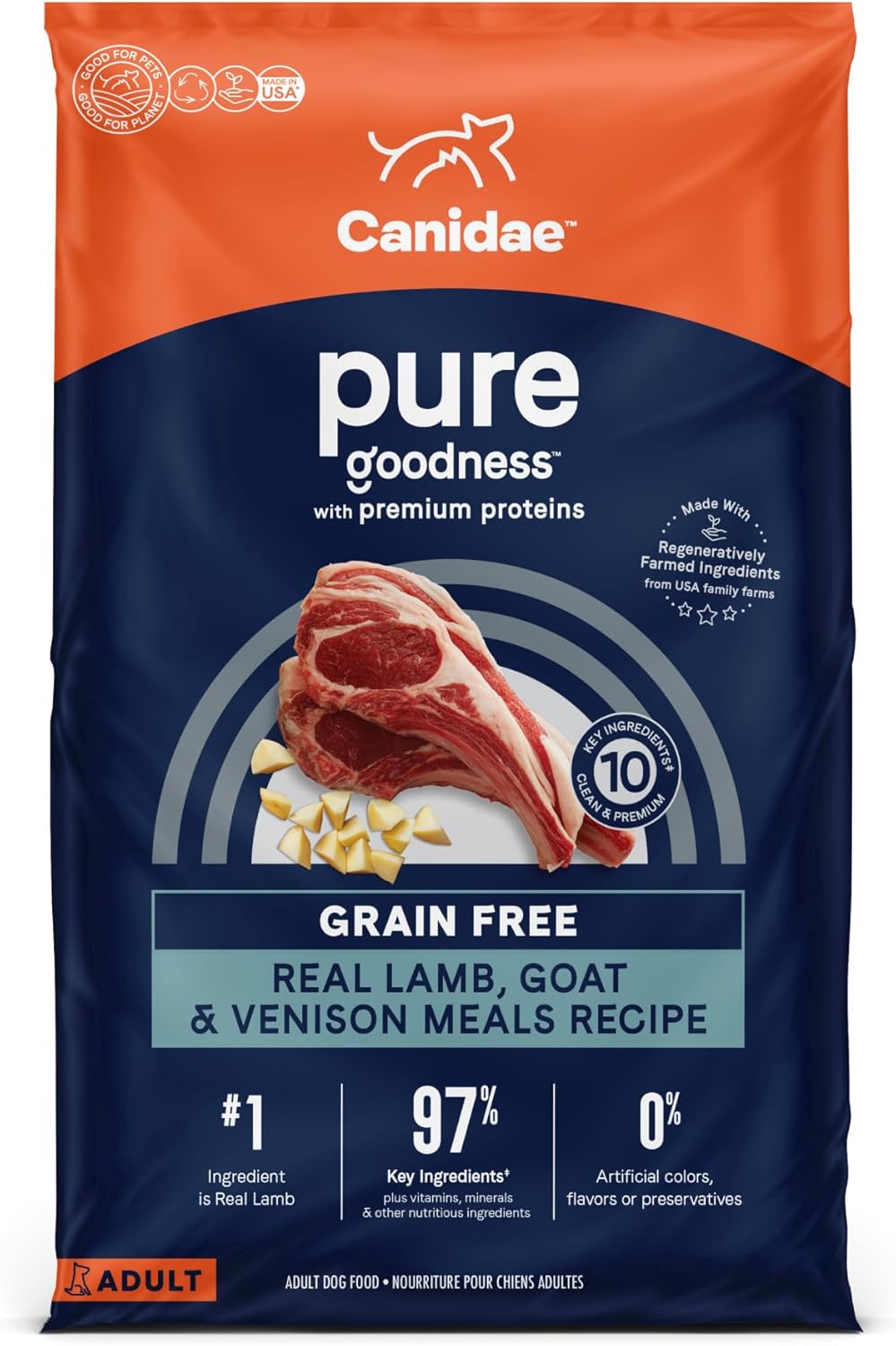 Canidae Pure Real Agneau, Chèvre, Venaison, Recette de nourriture sèche pour chiens pour adultes, 22 livres