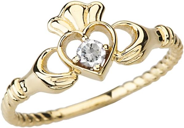 Dainty 10k Yellow Gold Open Heart Solitaire Diamond Rope Claddagh Promise Ring · v2