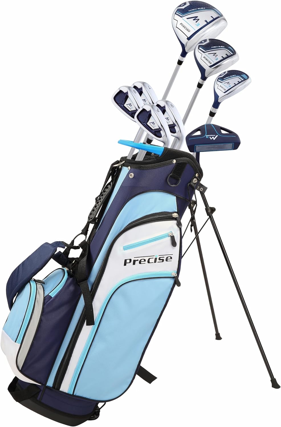 Il set di mazze da golf per mano destra Precise M3 Petite da donna include 12* Driver, 3 Wood, 21* Hybrid, ferri da stiro posteriori a 7-9 cavità, pitching wedge, putter, borsa con supporto Deluxe 3 copricapi, elegante Lite Blue