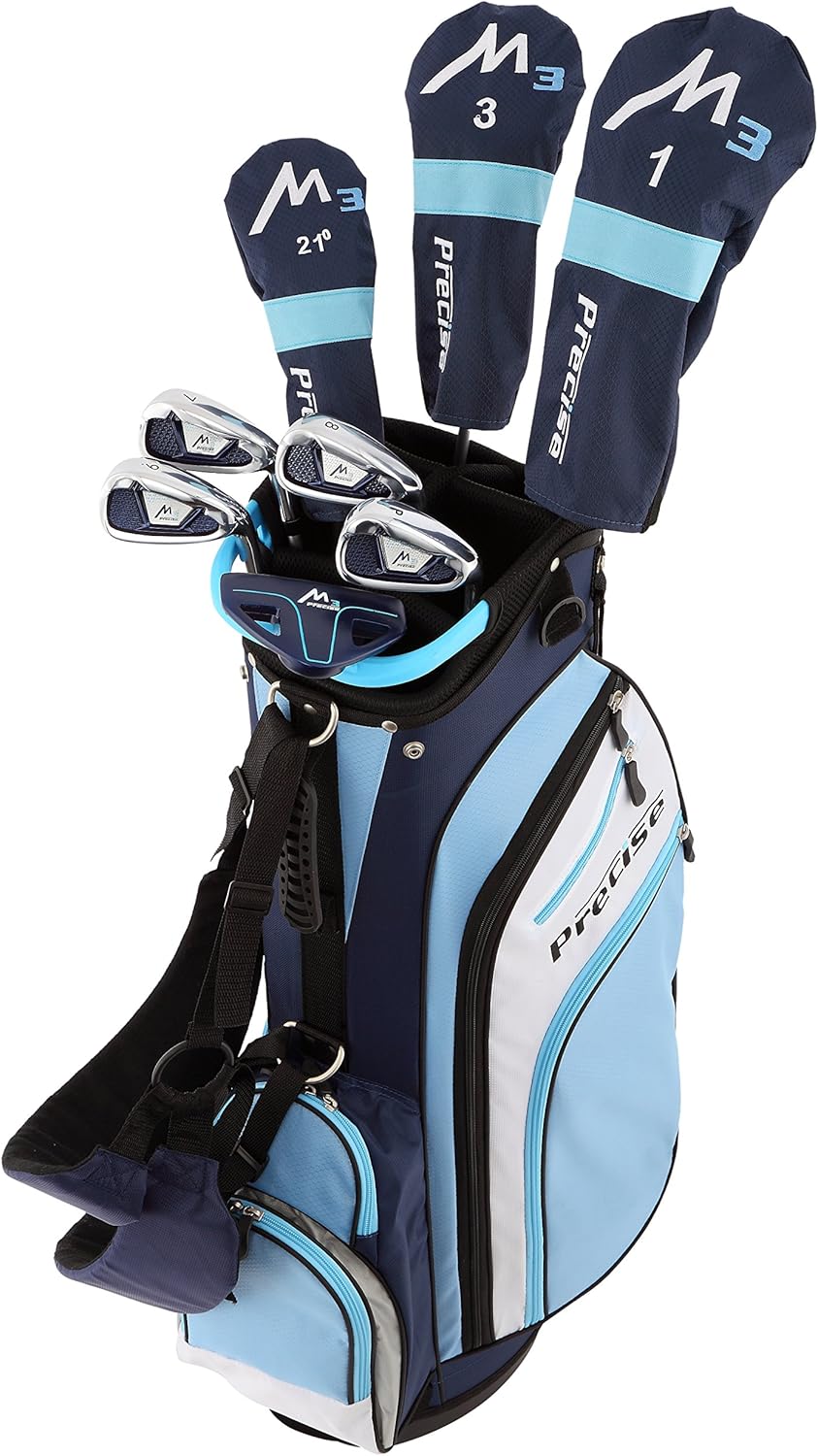 Precise M3 Petite Womens Right Handed Golf Club Set includes 12* Driver, 3 Wood, 21* Hybrid, 7-9 Cavity Back Irons, Pitching Wedge, Putter, Deluxe Stand Bag  3 Headcovers, Stylish Lite Blue · v3