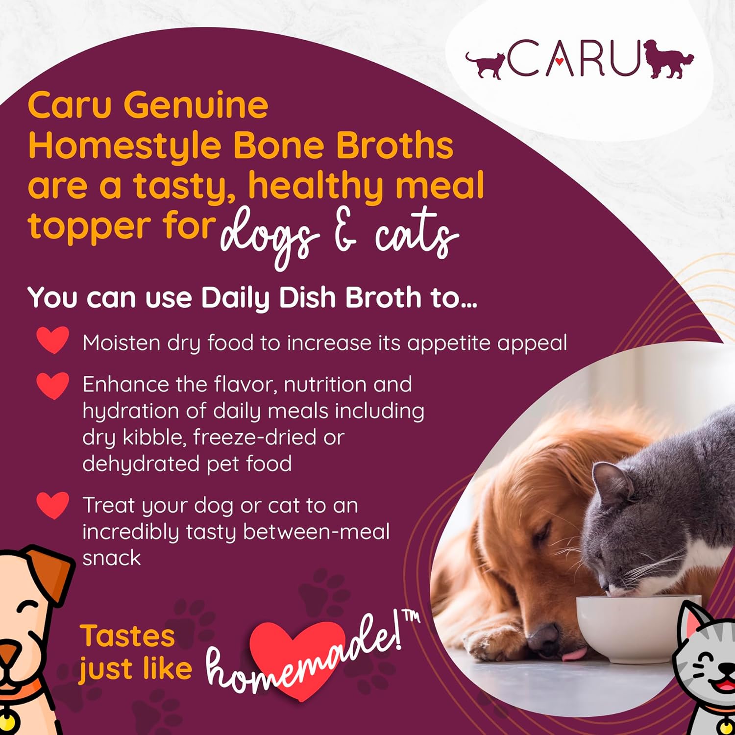 Brodo di ossa di pollo Caru Free Range per cani e gatti, inumidisce il cibo secco o versa su cibi crudi liofilizzati, senza cereali e glutine, ingredienti non OGM (1,1 libbre)