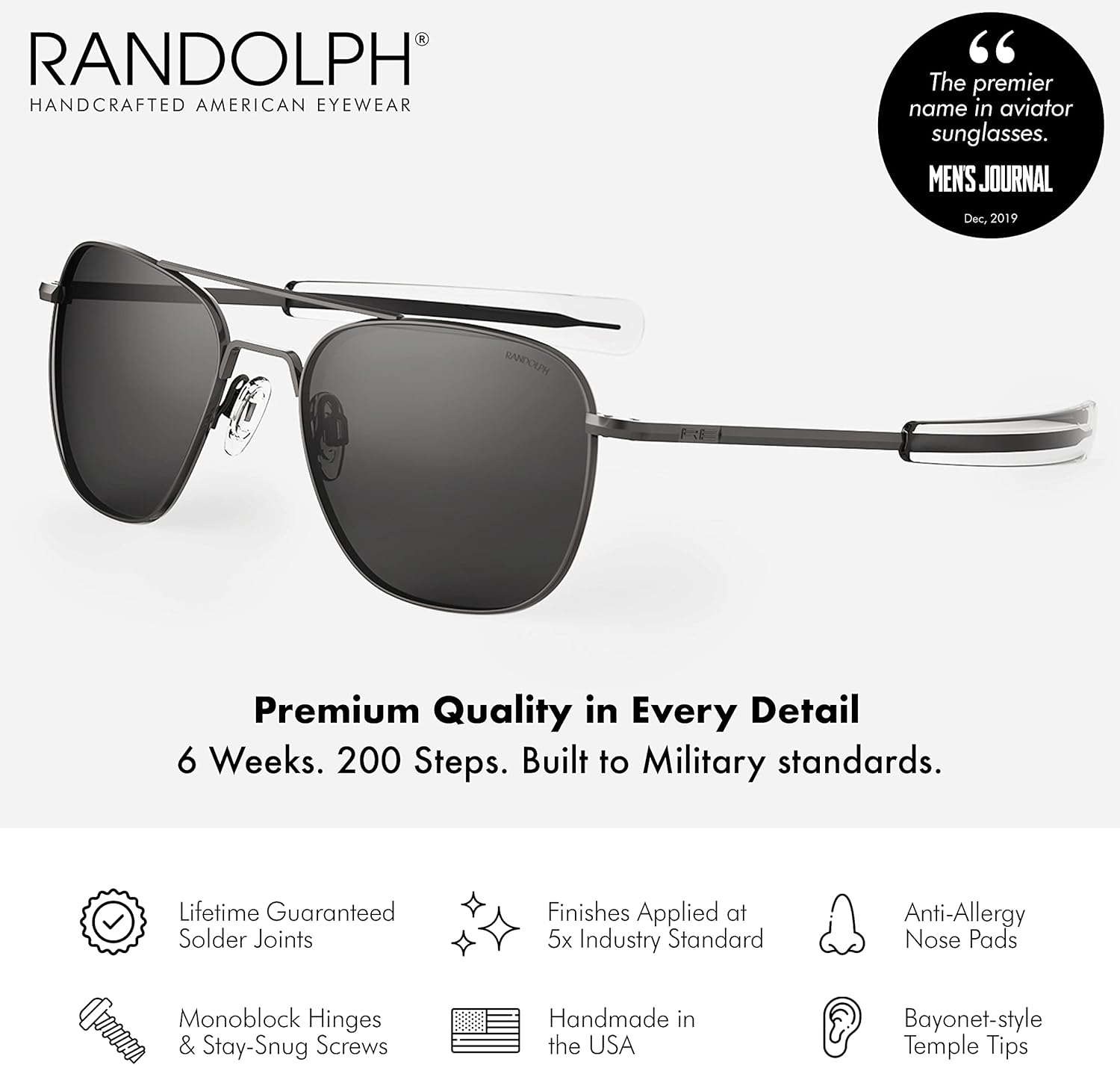 Randolph USA | Occhiali da sole Gunmetal Classic Aviator per uomo o donna 100% UV