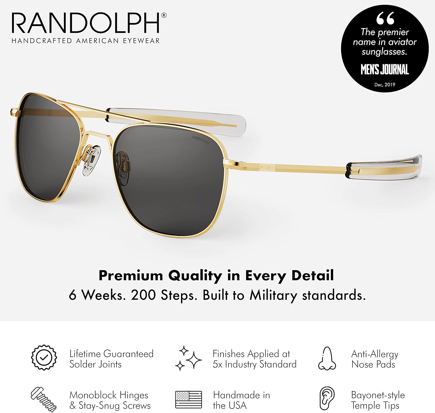 แว่นกันแดด Randolph USA รุ่น Gold Classic Aviator สำหรับผู้ชายหรือผู้หญิง 100%