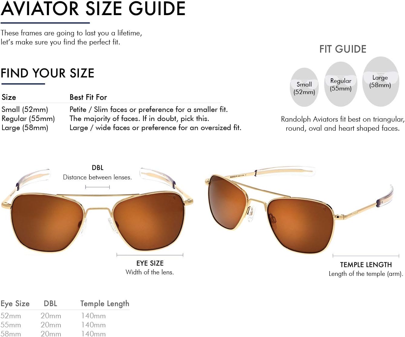 แว่นกันแดด Randolph USA รุ่น Gold Classic Aviator สำหรับผู้ชายหรือผู้หญิง 100%