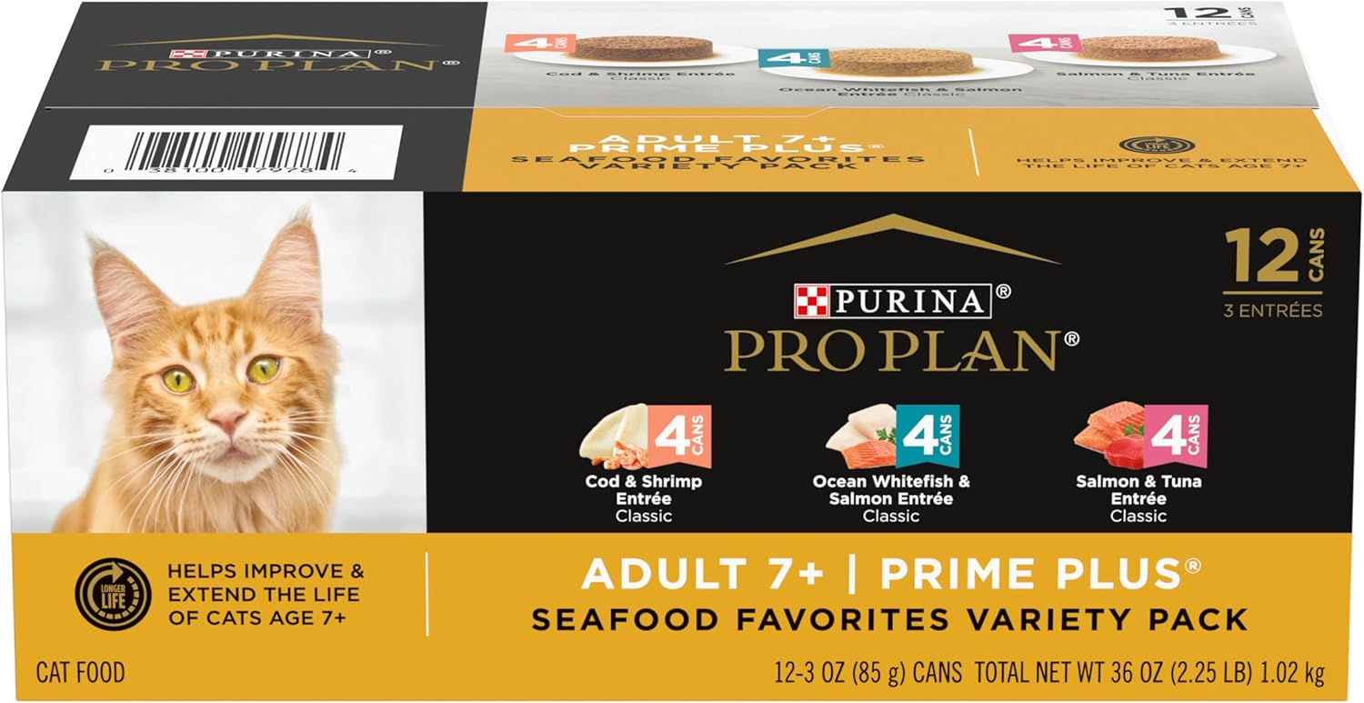 Purina Pro Plan Grain Free Senior Wet Cat Food Variety Pack Pate, SENIOR Seafood Favorites - (2 Packs of 12) 3 oz. Cans · v2