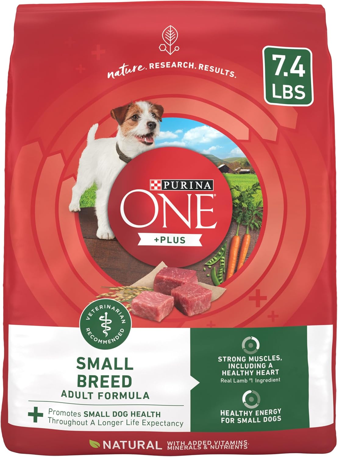 Alimento seco para perros Purina ONE Plus con fórmula de cordero y arroz para razas pequeñas, bolsa de 7,4 libras