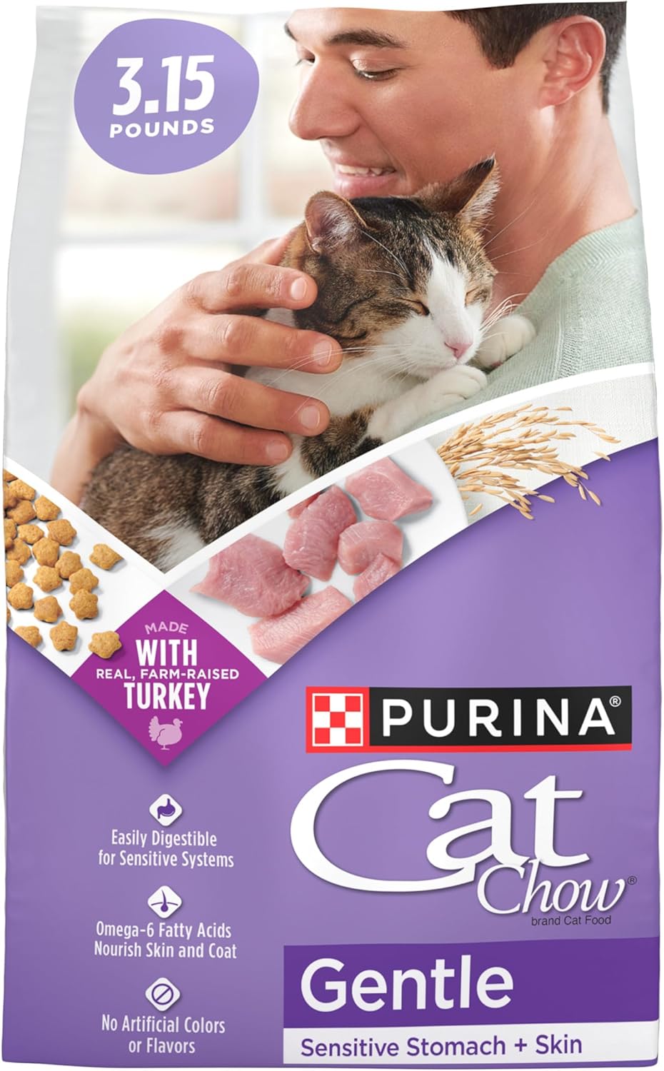 Purina Cat Chow Gentle Dry Cat Food, Sensitive Stomach   Skin - (Pack of 4) 3.15 lb. Bags