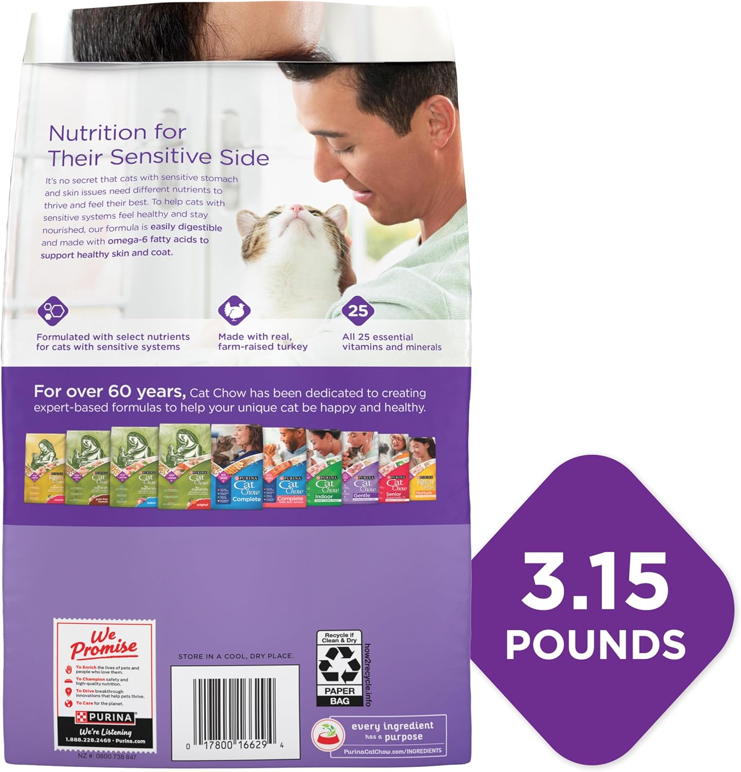 Purina Cat Chow Cibo secco delicato per gatti, pelle sensibile allo stomaco - (confezione da 4) sacchetti da 3,15 libbre