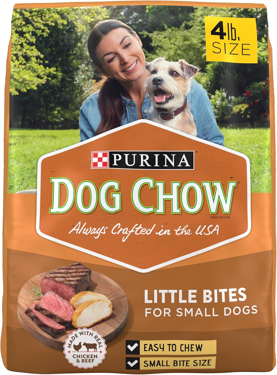Purina Dog Chow Little Bites para perros de razas pequeñas, receta seca, con pollo y ternera de verdad, (paquete de 4) bolsas de 4 libras
