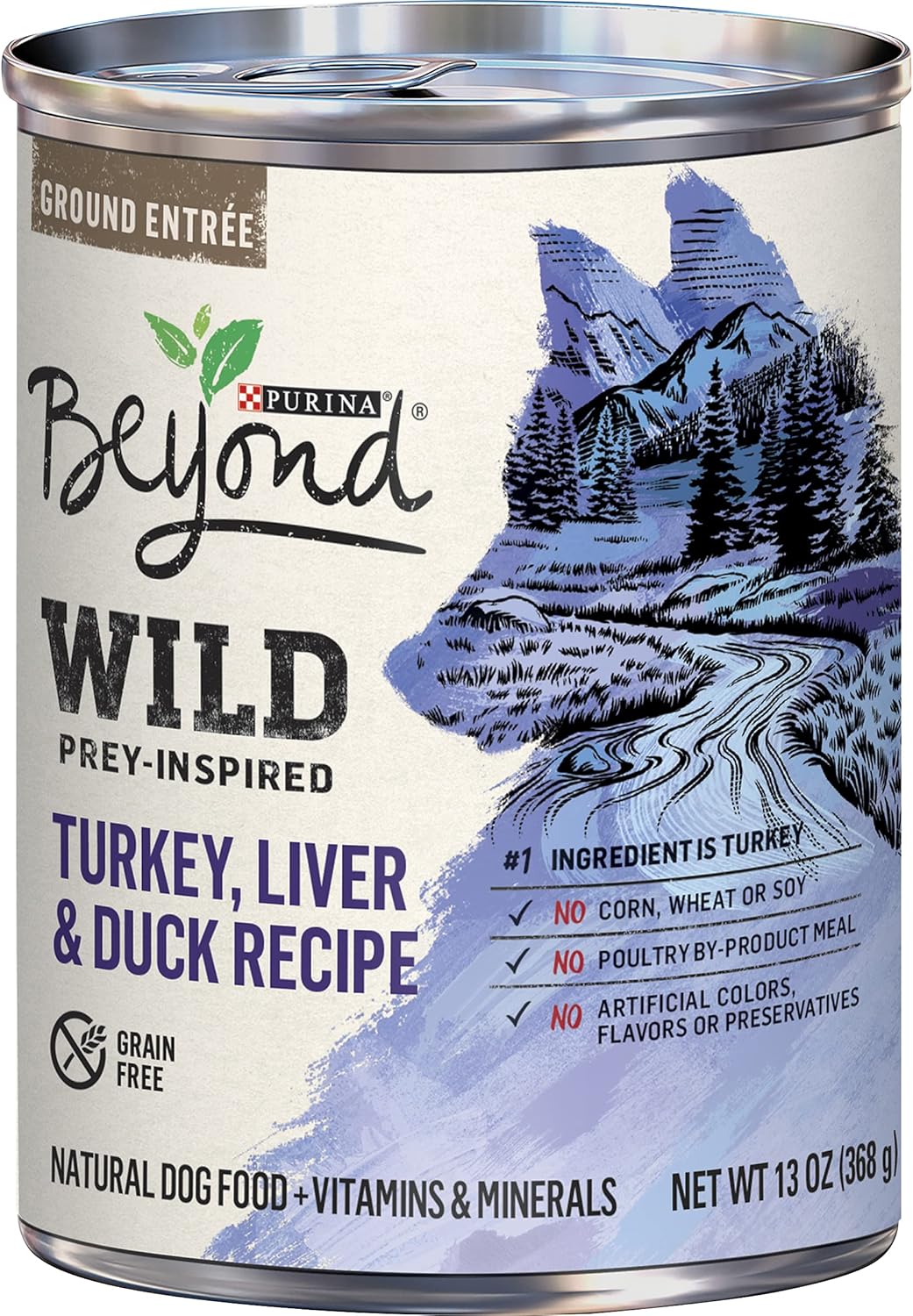 Alimento húmedo para perros Purina Beyond, rico en proteínas, sin cereales, paté natural, pavo salvaje, hígado de pato, 12 latas de 13 onzas