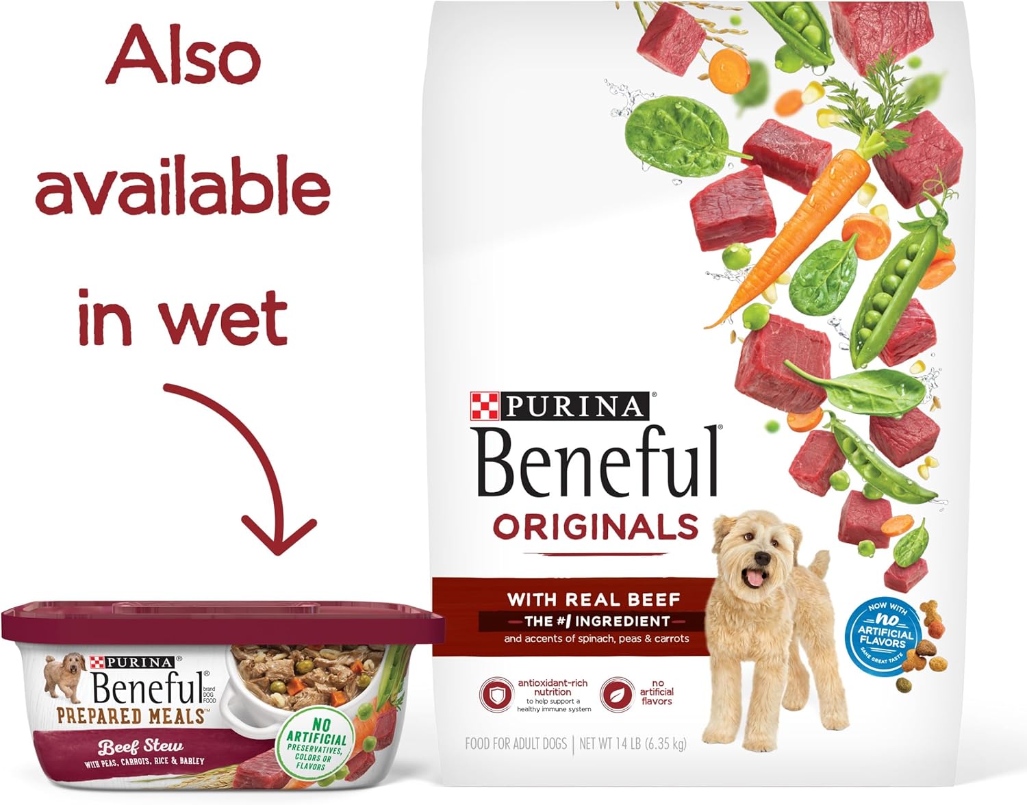 Purina Beneful Originals con carne de vacuno criada en granjas, con carne auténtica para perros, paquete de 4, bolsas de 3.5 libras