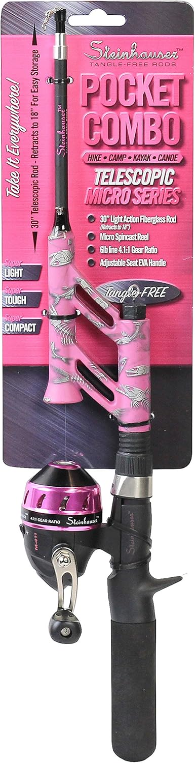 Steinhauser Tangle-Free Pocket Combo Telescoping Fishing Pole | Adjustable Lightweight Rod and Reel | 4.1:1 Gear Ratio | Pre-Spooled 6-lb Line | Pink · v3