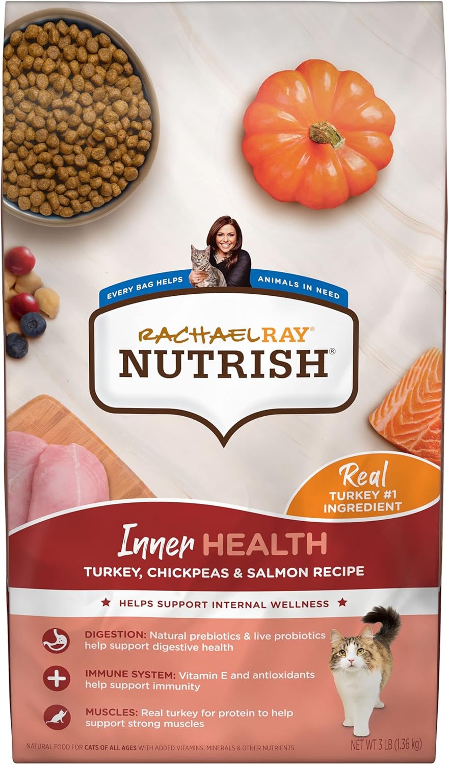 Nourriture sèche naturelle de première qualité pour chats Rachael Ray Nutrish Inner Health avec vitamines, minéraux et autres nutriments ajoutés, recette de dinde aux pois chiches et au saumon, 3 livres