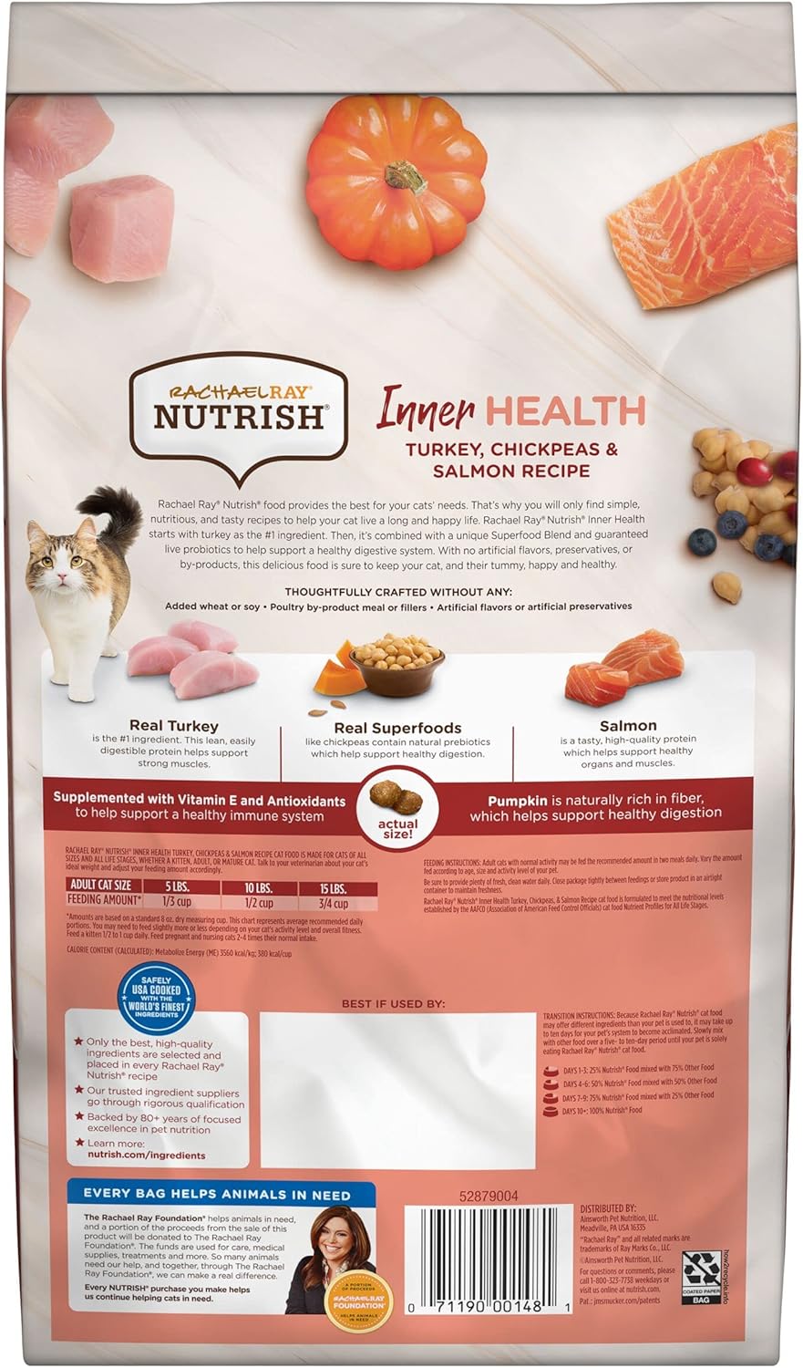 Nourriture sèche naturelle de première qualité pour chats Rachael Ray Nutrish Inner Health avec vitamines, minéraux et autres nutriments ajoutés, recette de dinde aux pois chiches et au saumon, 3 livres