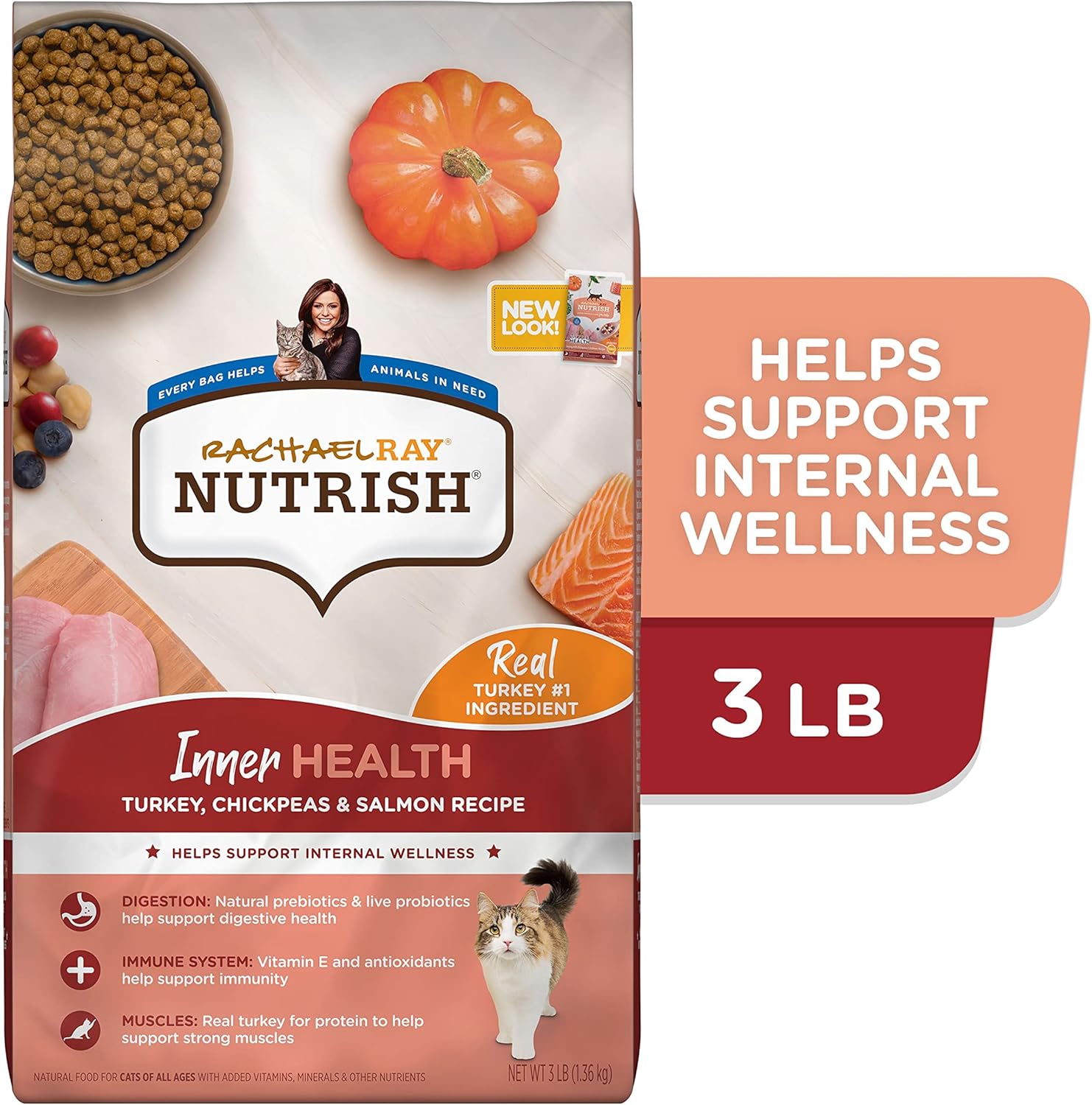 Nourriture sèche naturelle de première qualité pour chats Rachael Ray Nutrish Inner Health avec vitamines, minéraux et autres nutriments ajoutés, recette de dinde aux pois chiches et au saumon, 3 livres