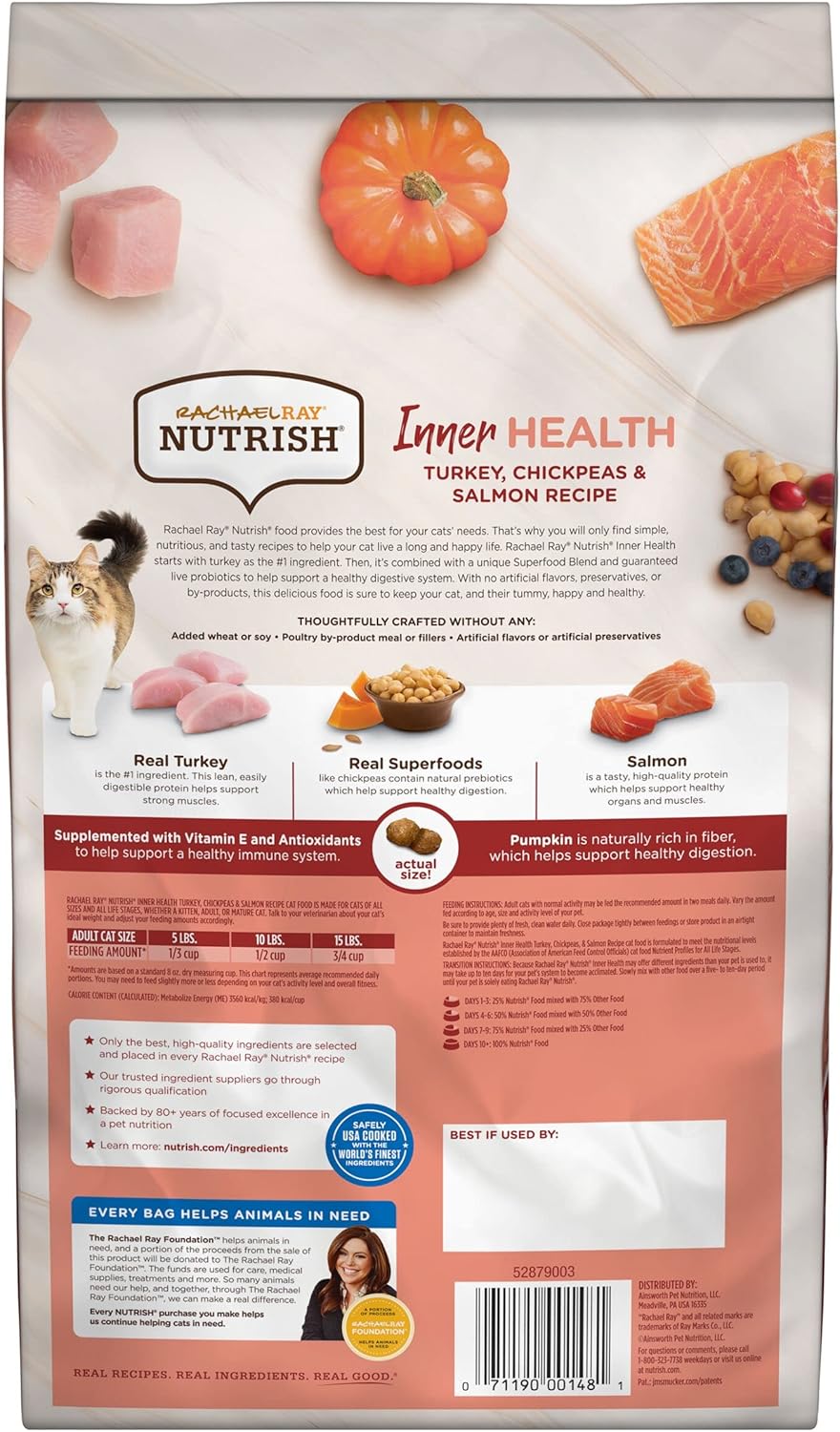Nourriture sèche naturelle de première qualité pour chats Rachael Ray Nutrish Inner Health avec vitamines, minéraux et autres nutriments ajoutés, recette de dinde aux pois chiches et au saumon, 3 livres