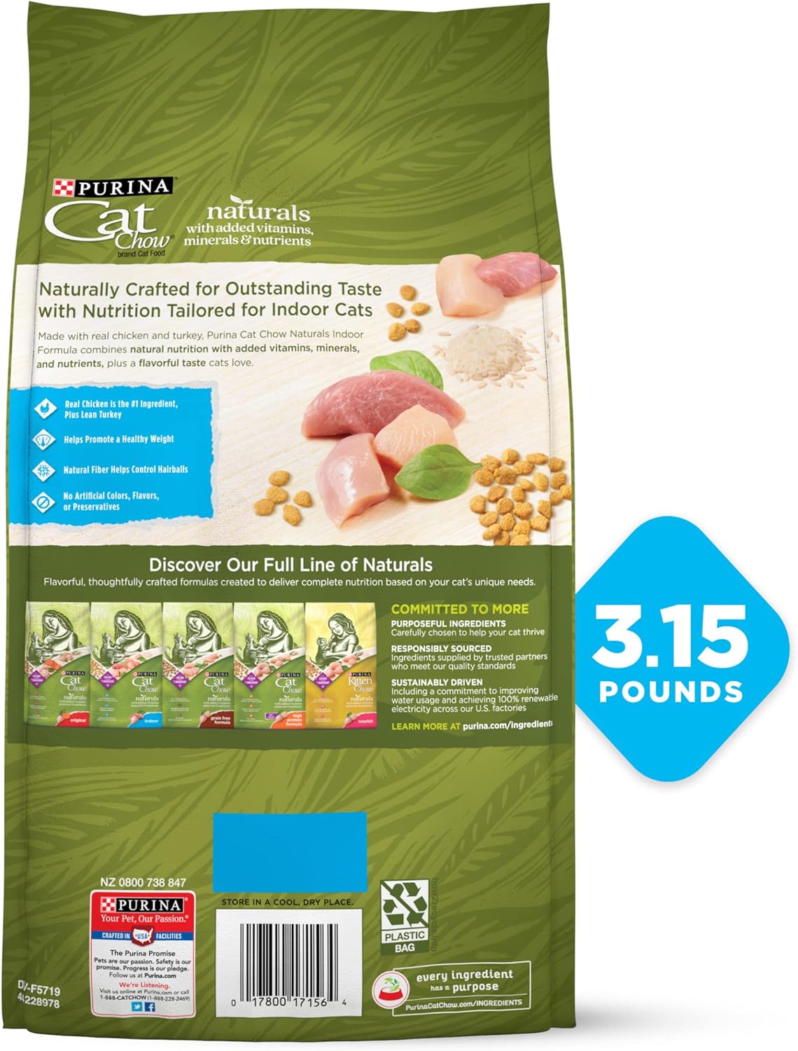 Purina Cat Chow Hairball, здоровый вес, для содержания в помещении, натуральный сухой корм для кошек, Naturals Indoor - (упаковка из 4) мешки по 3,15 фунта