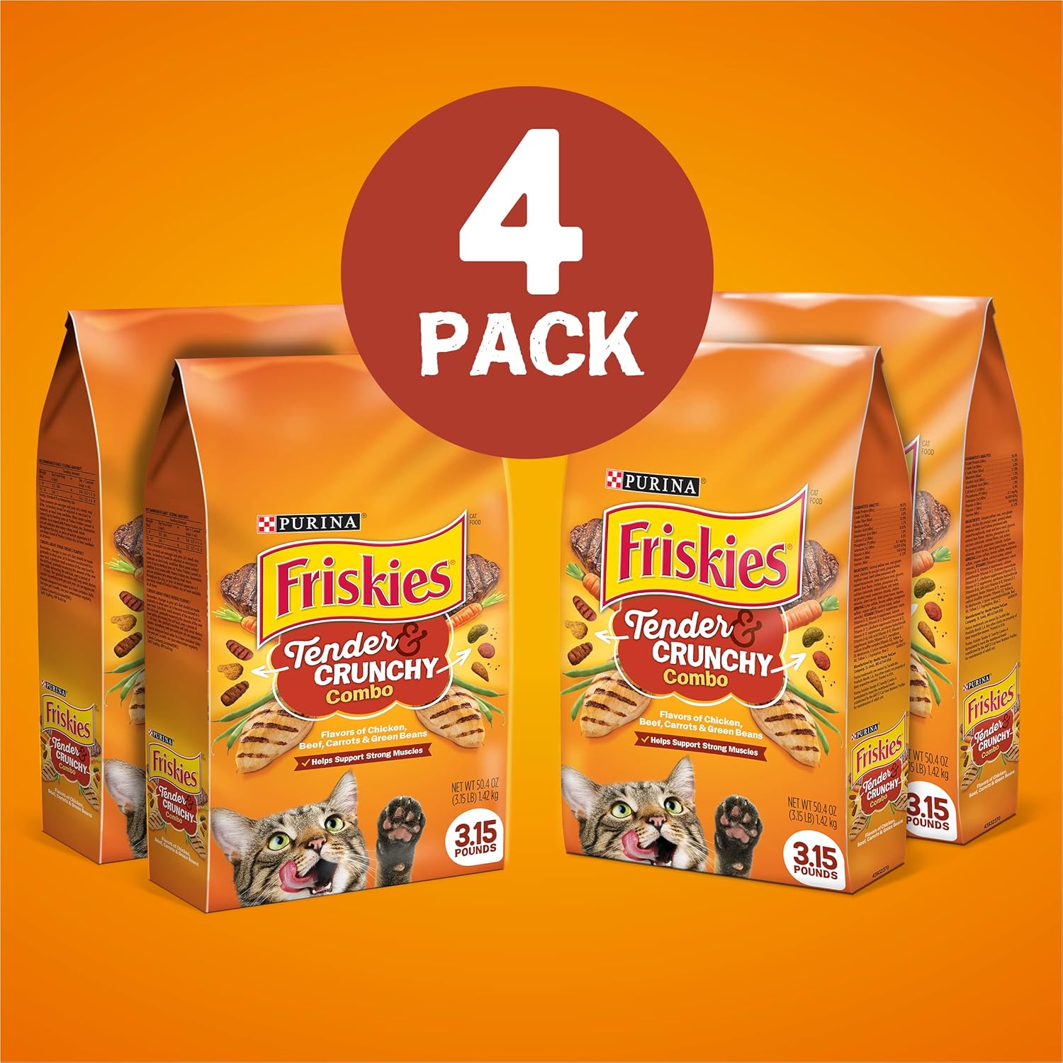 Comida seca para gatos Purina Friskies, combinación tierna y crujiente, paquete de 4, bolsas de 3,15 libras