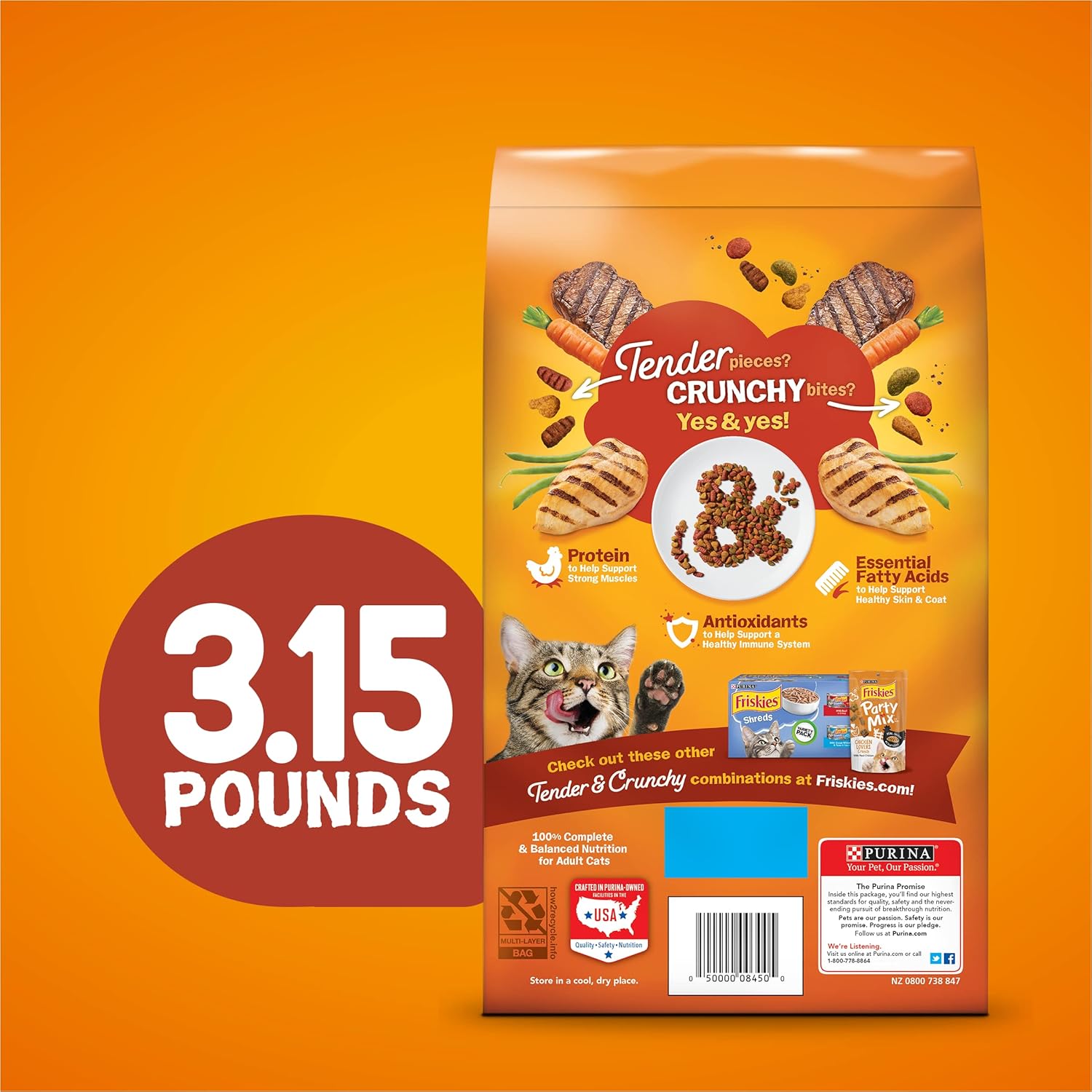 Comida seca para gatos Purina Friskies, combinación tierna y crujiente, paquete de 4, bolsas de 3,15 libras