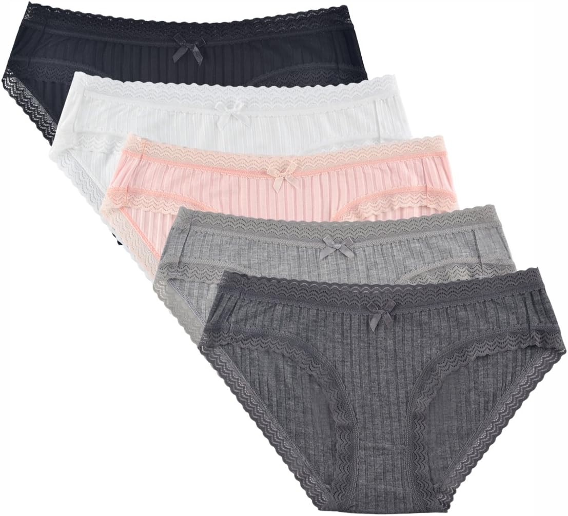 KNITLORD Damenunterwäsche, weiche Bikinihose aus Baumwolle oder Viskose, Spitzenbesatz, 5er-Pack