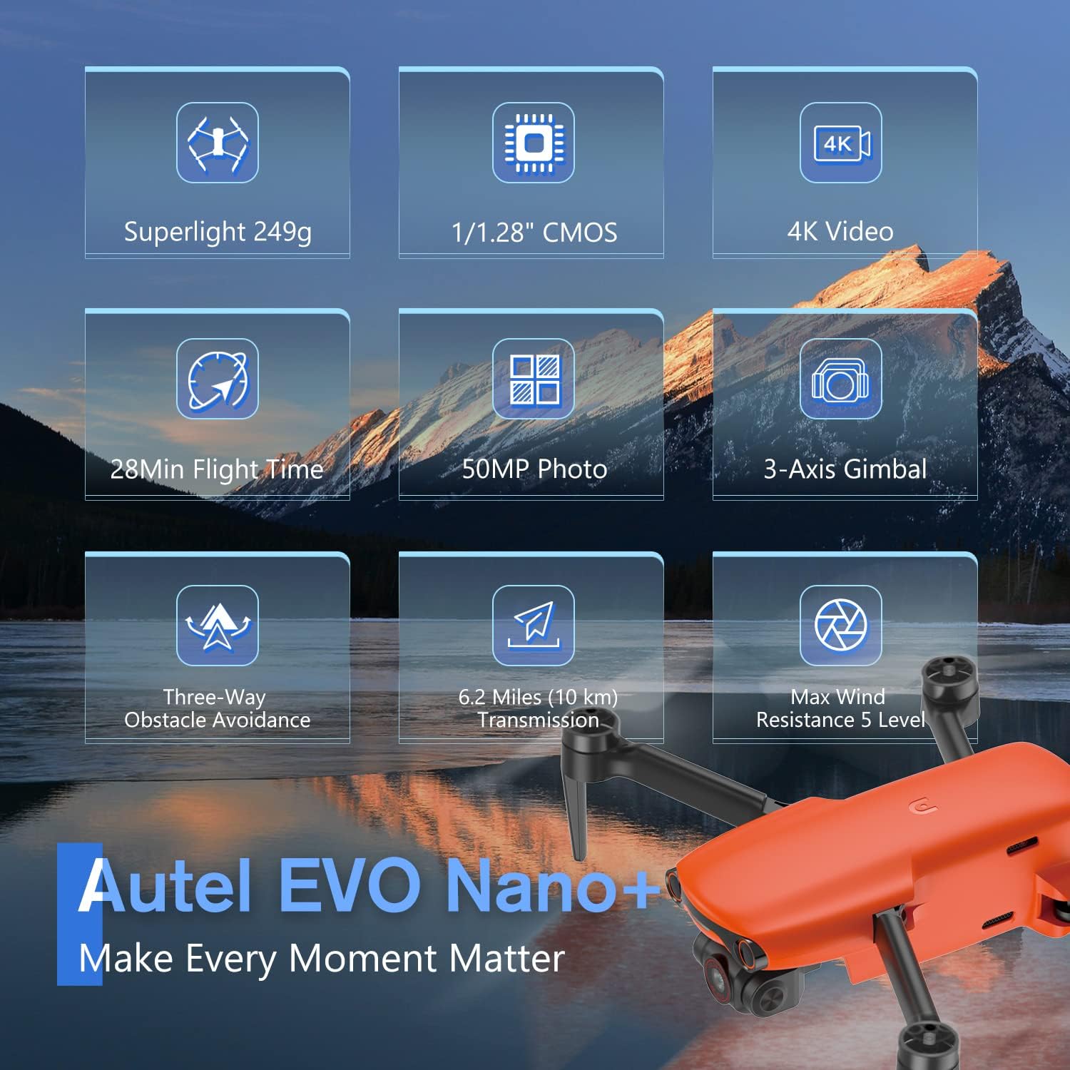 Pacchetto Autel Robotics EVO Nano Premium, mini drone da 249 g con fotocamera RYYB 4K, PDAF CDAF Focus, giunto cardanico a 3 assi, prevenzione ostacoli a 3 vie, combinazione Nano Plus Fly More, arancione