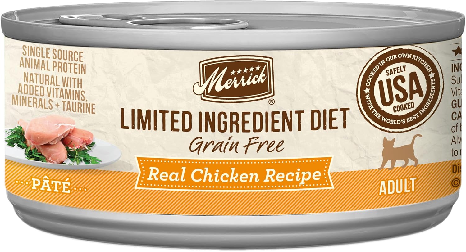 Comida húmeda para gatos Merrick Limited Ingredient Diet, sin cereales y natural, enlatada, receta de pollo (paquete de 24) latas de 2.75 oz