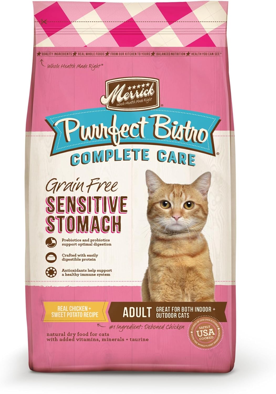 Comida seca para gatos Merrick Purrfect Bistro sin cereales, sana y natural, receta de cuidado completo para el estómago sensible, bolsa de 12 libras