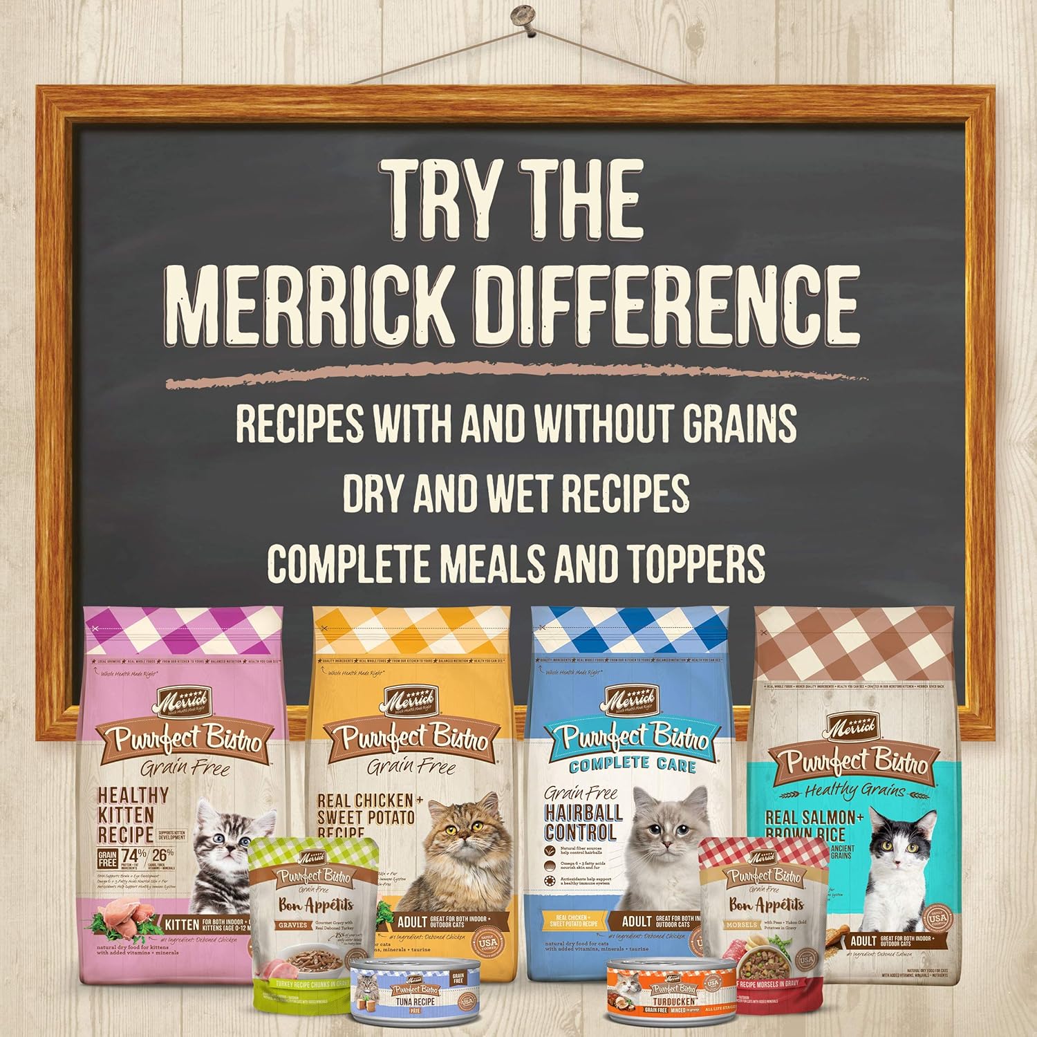 Comida seca para gatos Merrick Purrfect Bistro sin cereales, sana y natural, receta de cuidado completo para el estómago sensible, bolsa de 12 libras