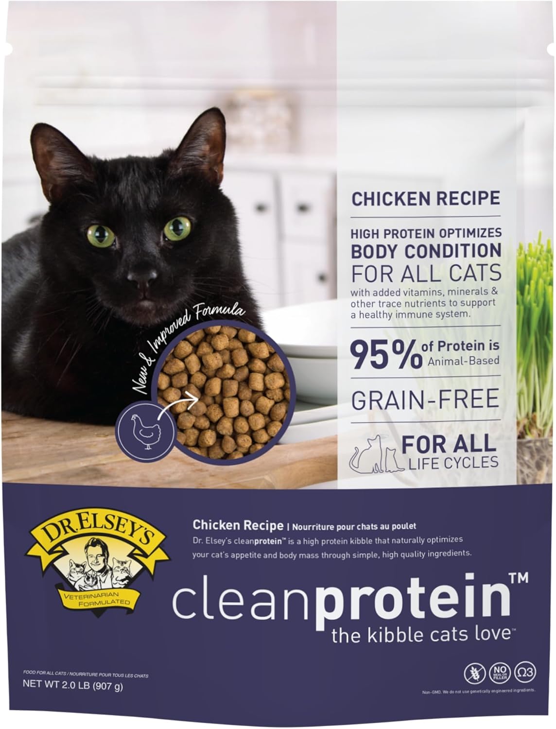 Comida seca para gatos Dr. Elseys Cleanprotein, sin cereales, alta en proteínas y baja en carbohidratos, pollo, 2 libras, paquete de 1 (el embalaje puede variar)