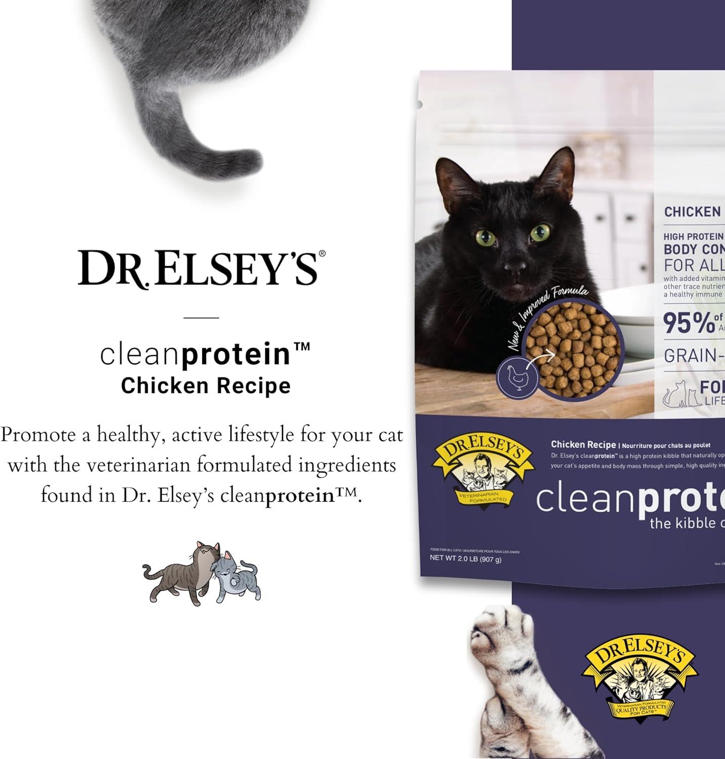 Dr. Elsey's Cleanprotein Grain Free 고단백, 저탄수화물 건조 고양이 사료, 닭고기, 2파운드, 1팩(포장은 다를 수 있음)
