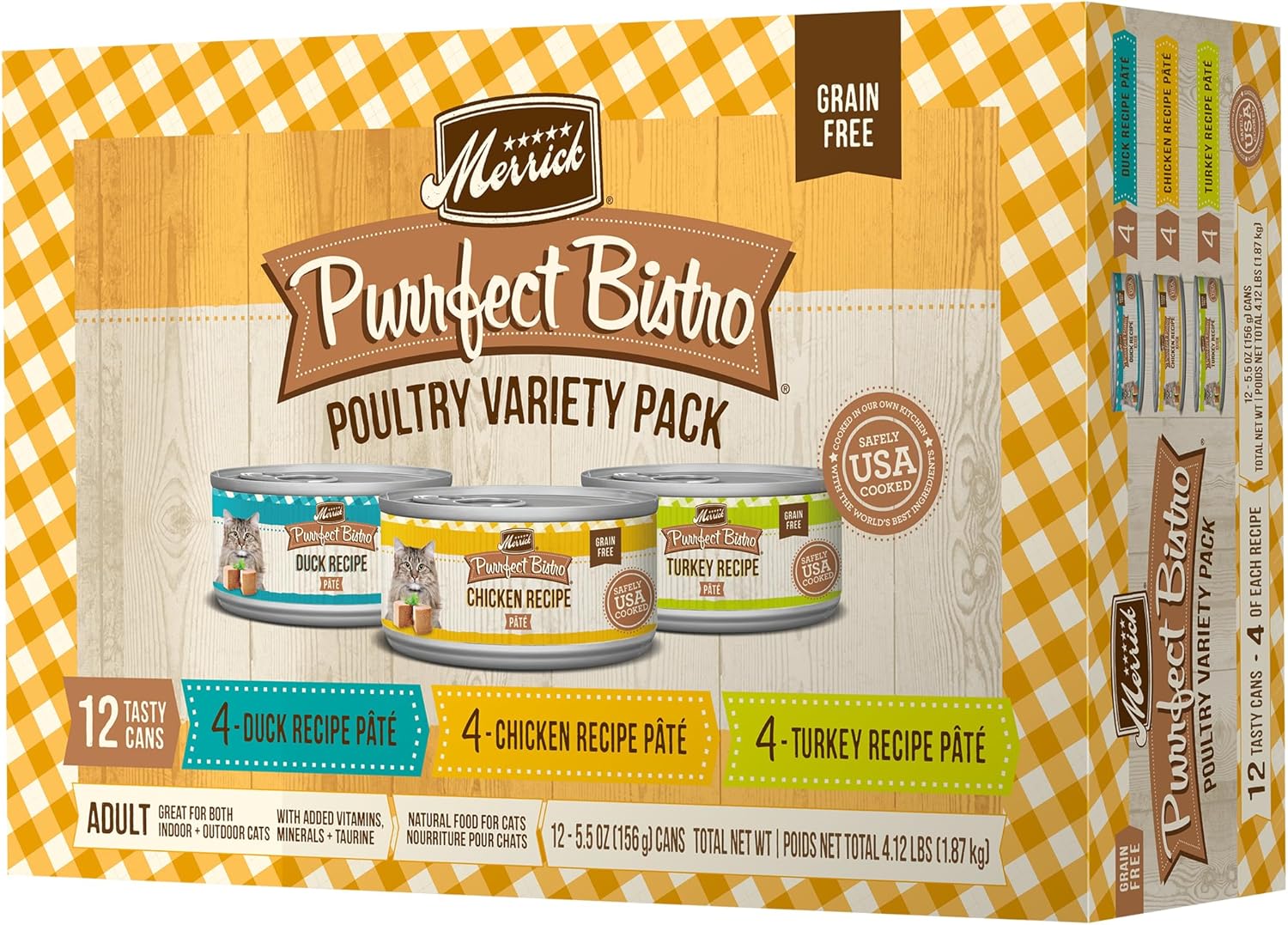 Pâté en conserve de qualité supérieure Merrick Purrfect Bistro, pâté en conserve pour adultes, emballage varié, poulet, canard, dinde - (lot de 12) boîtes de 5,5 oz