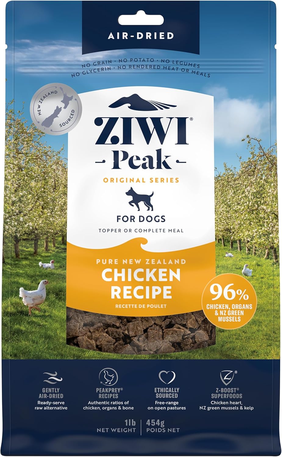 Pienso para perros ZIWI Peak secado al aire, pollo, totalmente natural, rico en proteínas, sin cereales, ingredientes limitados con superalimentos (16 oz)
