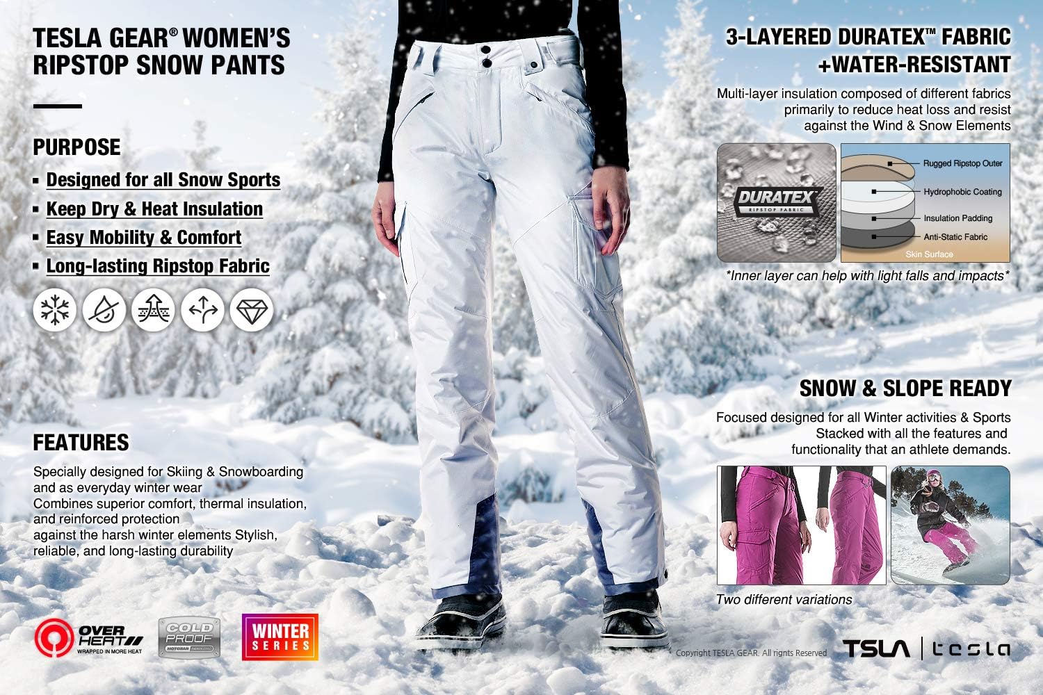 TSLA Womens Winter Snow Pants, Waterproof Insulated Ski Pants, Ripstop Snowboard Bottoms · v3