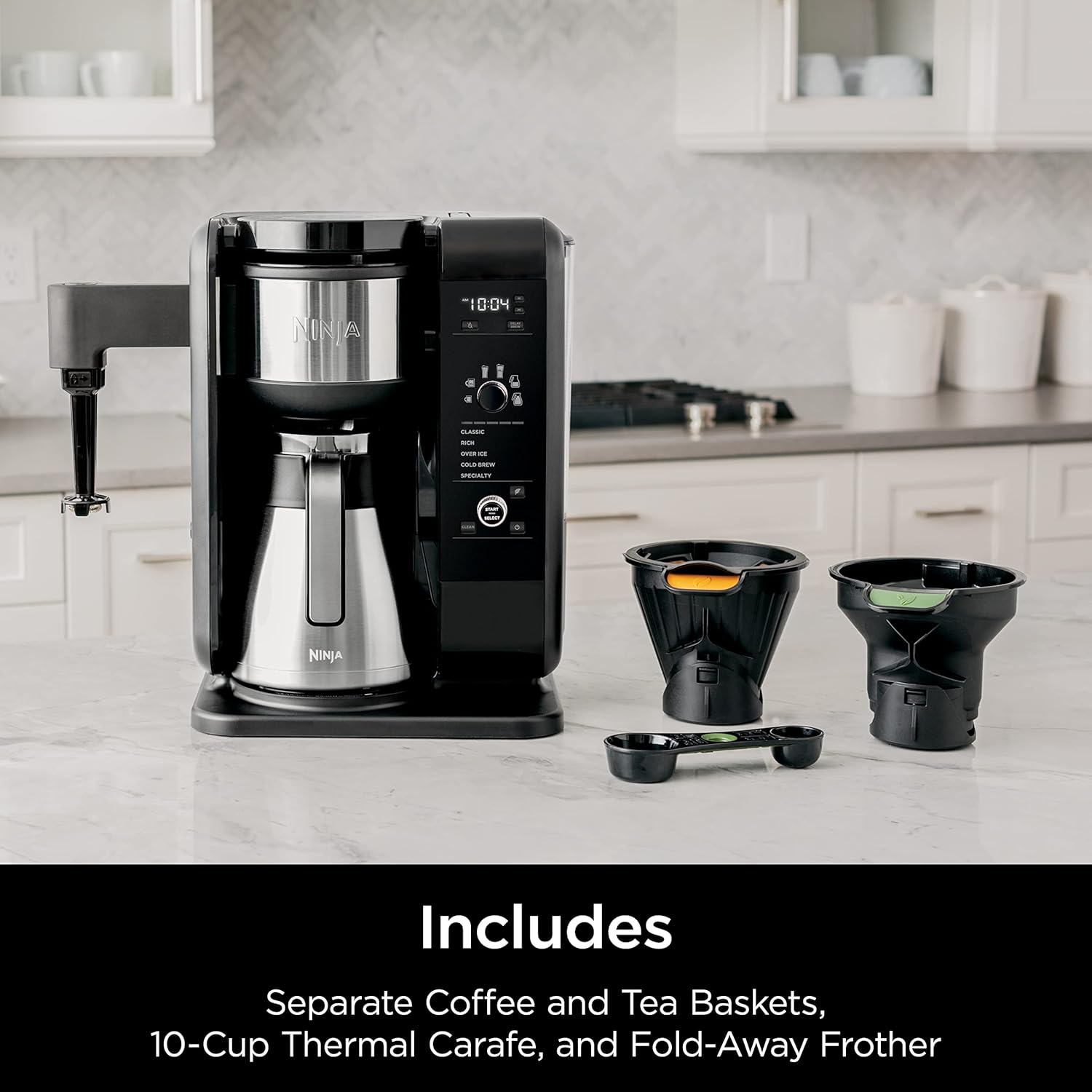 Ninja CP307 Heiß- und Kaltbrühsystem, Teekaffeemaschine, mit Auto-IQ, 6 Größen, 5 Arten, 5 Tee-Einstellungen, 50-Unzen-Thermokaraffe, Schäumer, Kaffeeverstärker; Teekörbe, spülmaschinenfeste Teile, Schwarz