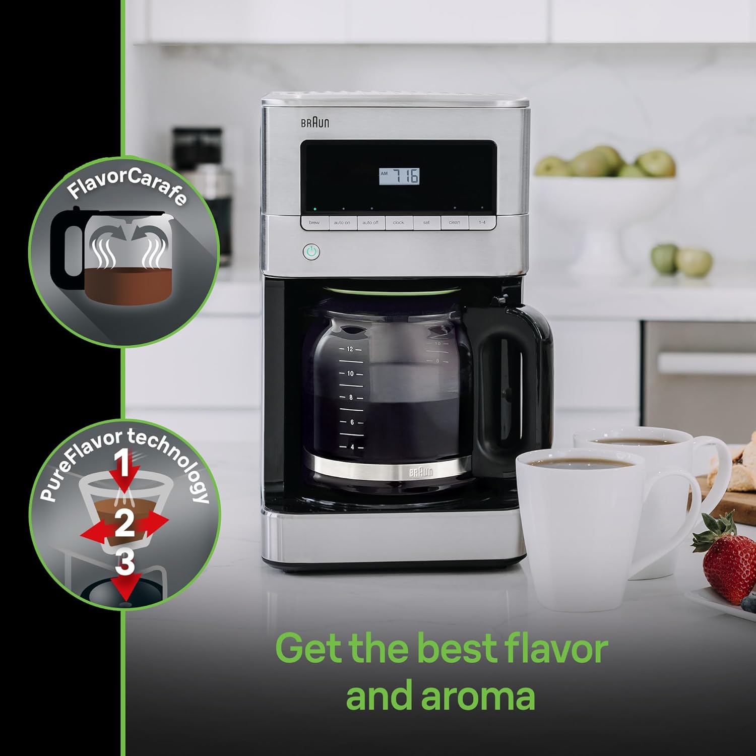 Cafetera Braun KF7070 BrewSense de cristal de goteo, 12 tazas, acero inoxidable