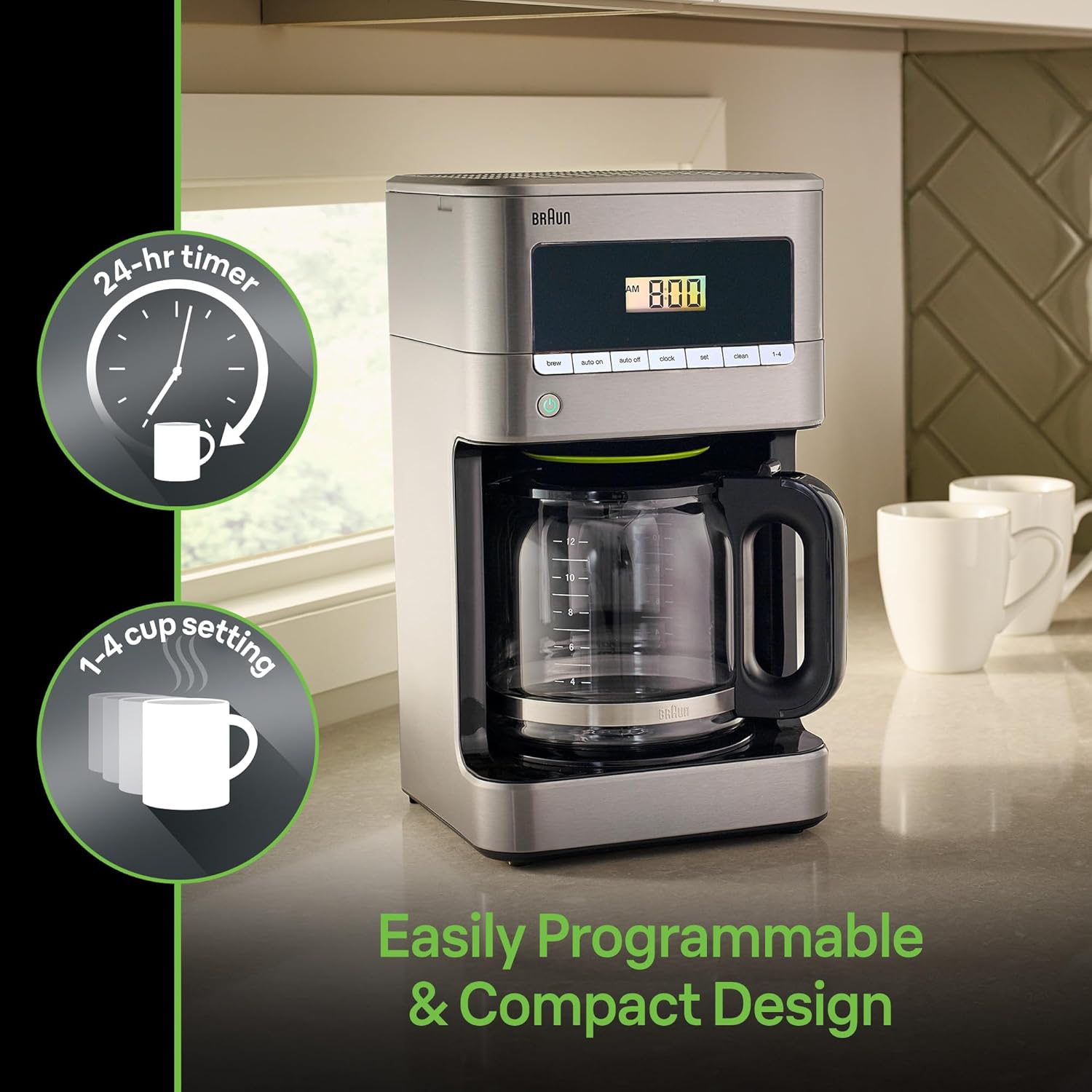 Cafetera Braun KF7070 BrewSense de cristal de goteo, 12 tazas, acero inoxidable