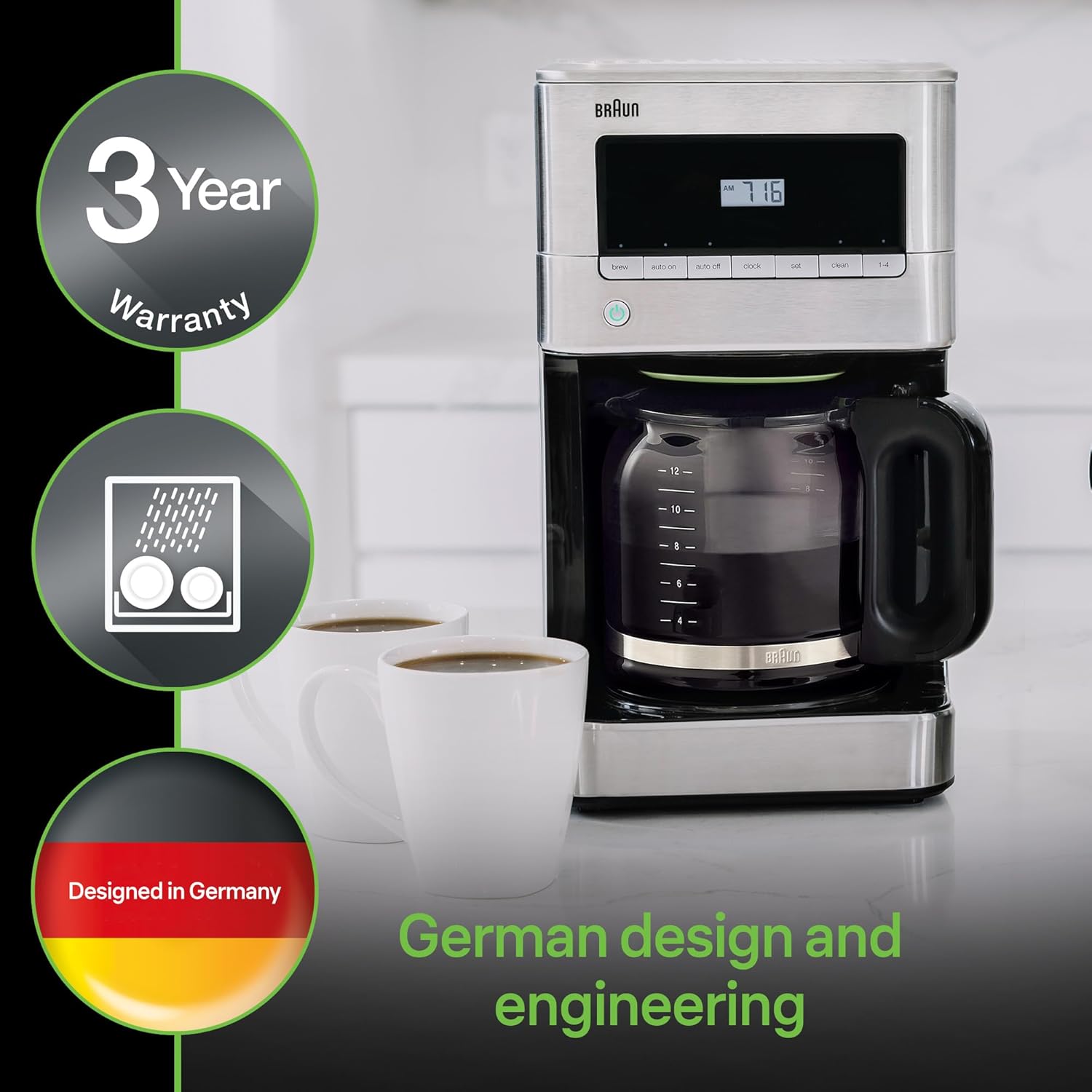 Cafetera Braun KF7070 BrewSense de cristal de goteo, 12 tazas, acero inoxidable
