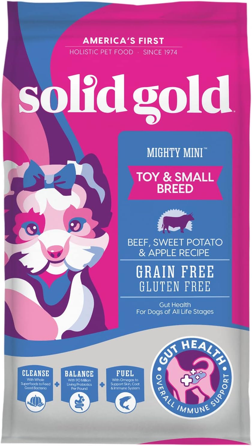 Alimento para perros Solid Gold Mighty para razas pequeñas, alimento seco para cualquier raza de juguete, para la salud intestinal y el apoyo del estómago sensible, probióticos digestivos para perros, amplificador de cereales; receta sin gluten