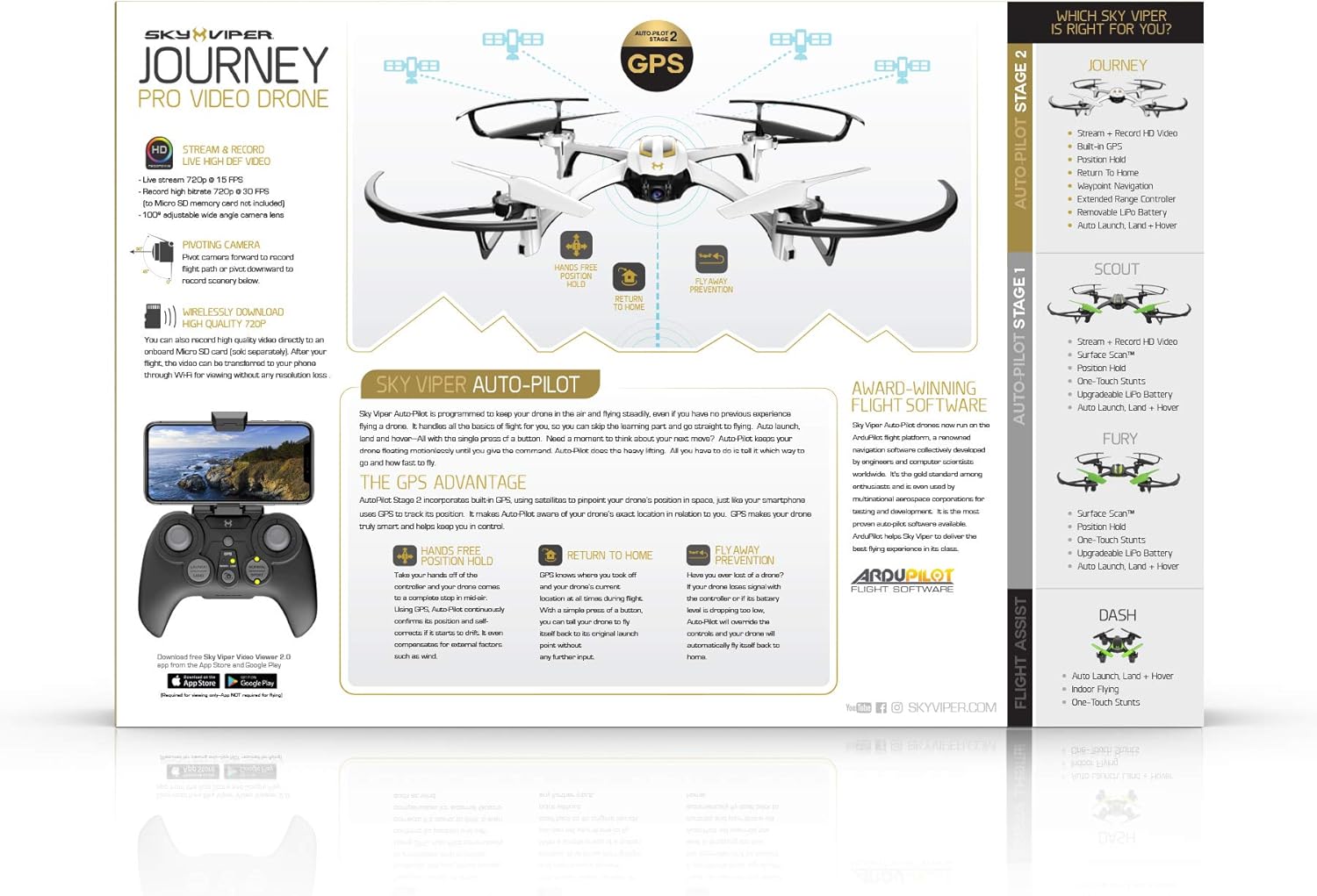 طائرة بدون طيار Sky Viper Journey GPS باللونين الأبيض والأسود
