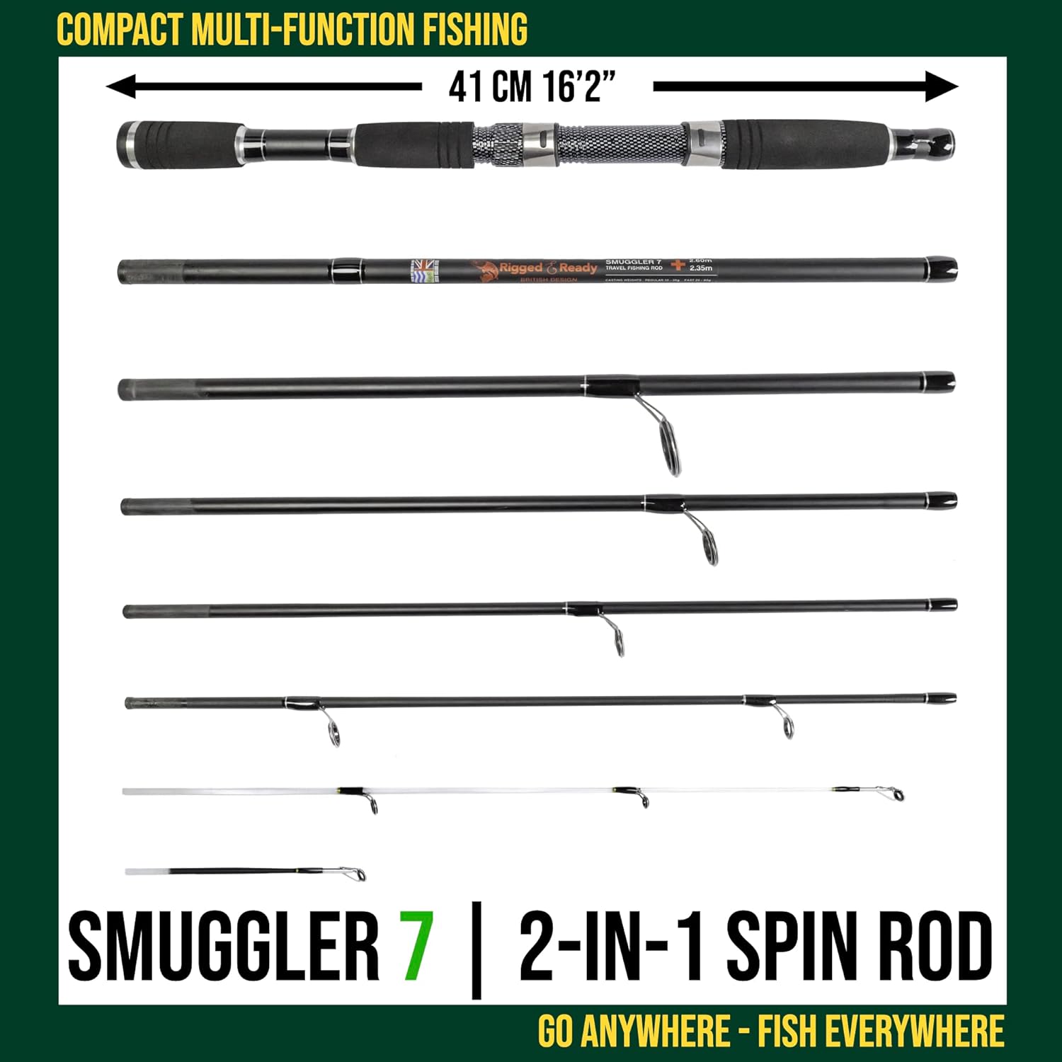 Rigged and Ready Smuggler Series Fishing Rods. 5 Unique Super Compact Multi-Function Rod Lengths, with 2 or 4 Tips for Active Travel Rod Anglers for Freshwater and seawater Fish · v7