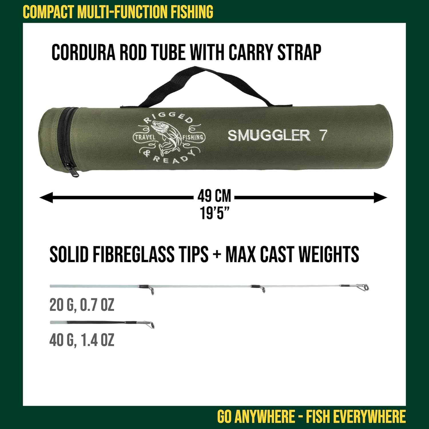 Rigged and Ready Smuggler Series Fishing Rods. 5 Unique Super Compact Multi-Function Rod Lengths, with 2 or 4 Tips for Active Travel Rod Anglers for Freshwater and seawater Fish · v7