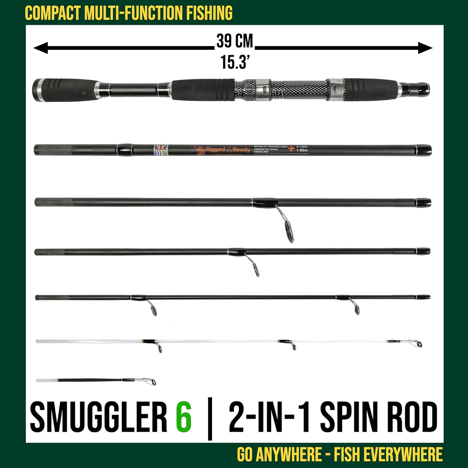 Rigged and Ready Smuggler Series Fishing Rods. 5 Unique Super Compact Multi-Function Rod Lengths, with 2 or 4 Tips for Active Travel Rod Anglers for Freshwater and seawater Fish · v9