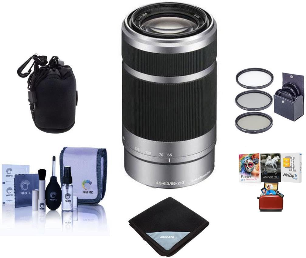 Sony E 55-210mm f/4.5-6.3 OSS E-Mount Lens, Silver/Black - Bundle with 49mm Filter Kit (UV/CPL/ND2) - Soft Lens Case - Lens Wrap (15x15) - Cleaning Kit - Mac Software Package · v6