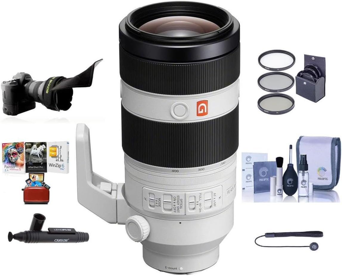 Sony FE 100-400mm f/4.5-5.6 GM OSS E-Mount Lens - Bundle with 77mm Filter Kit, Flex Lens Shade, Cleaning Kit, Capleash II, Lens Cleaner, Mac Software Package