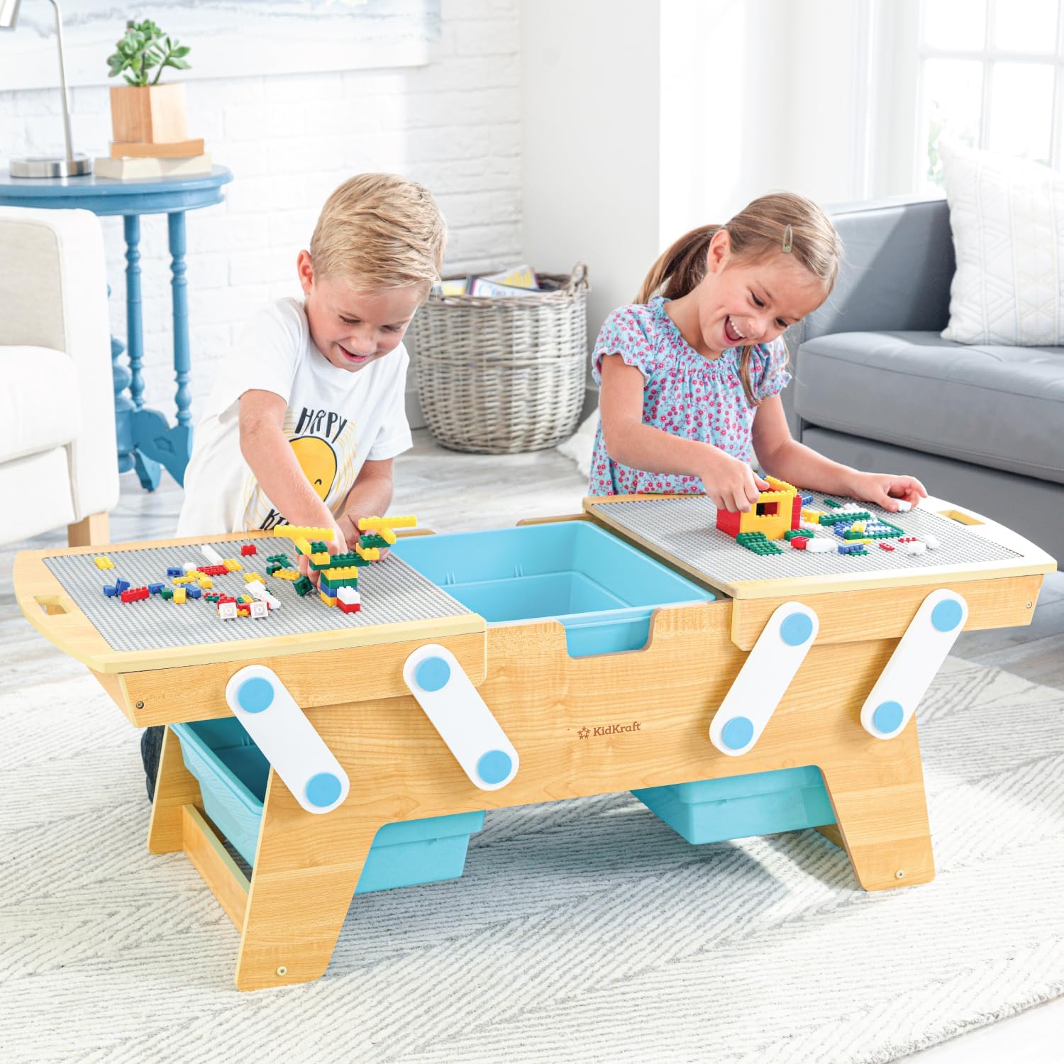 KidKraft Building Bricks Play N Store Wooden Table, Childrens Toy Storage with Bins, 200 Building Blocks Included, Natural, Gift for Ages 3 · v5